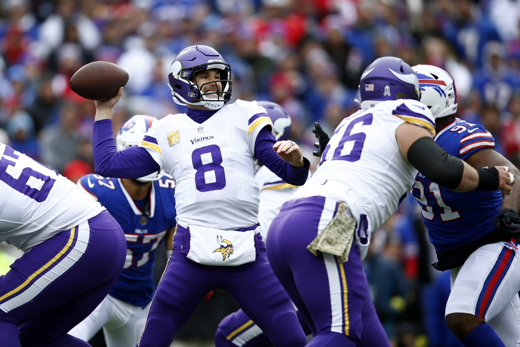 ORCHARD PARK, NEW YORK - NOVEMBER 13: Kirk Cousins #8 of the Minnesota Vikings attempts a pass during the first quarter against the Buffalo Bills at Highmark Stadium on November 13, 2022 in Orchard Park, New York. (Photo by Isaiah Vazquez/Getty Images)