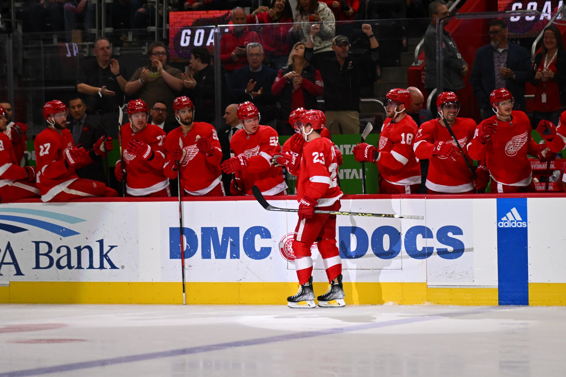 DETROIT, MI - NOVEMBER 10: Detroit Red Wings left wing Lucas Raymond (23) celebrates his second period goal with the bench during the game between the Detroit Red Wings and the Montreal Canadiens on Thursday November 10, 2022 at Little Caesars Arena in Detroit, MI. (Photo by Steven King/Icon Sportswire via Getty Images)