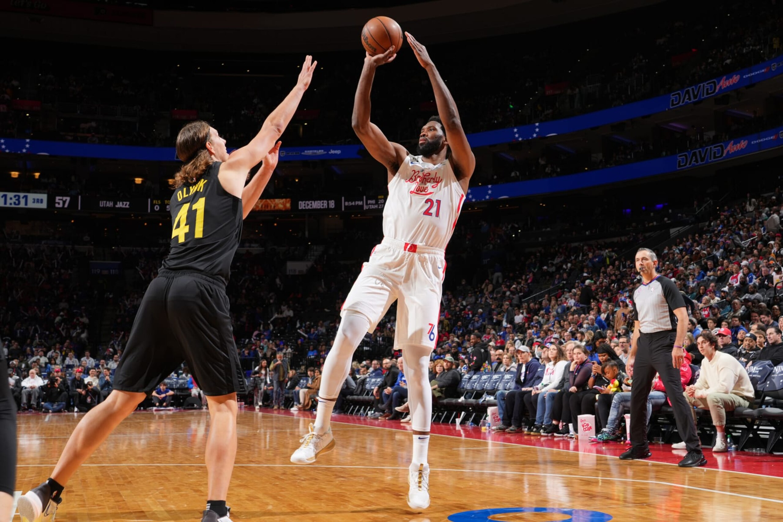 PHILADELPHIA, PA - NOVEMBER 13: Joel Embiid #21 of the Philadelphia 76ers shoots the ball during the game against the Utah Jazz on November 13, 2022 at the Wells Fargo Center in Philadelphia, Pennsylvania NOTE TO USER: User expressly acknowledges and agrees that, by downloading and/or using this Photograph, user is consenting to the terms and conditions of the Getty Images License Agreement. Mandatory Copyright Notice: Copyright 2022 NBAE (Photo by Jesse D. Garrabrant/NBAE via Getty Images)