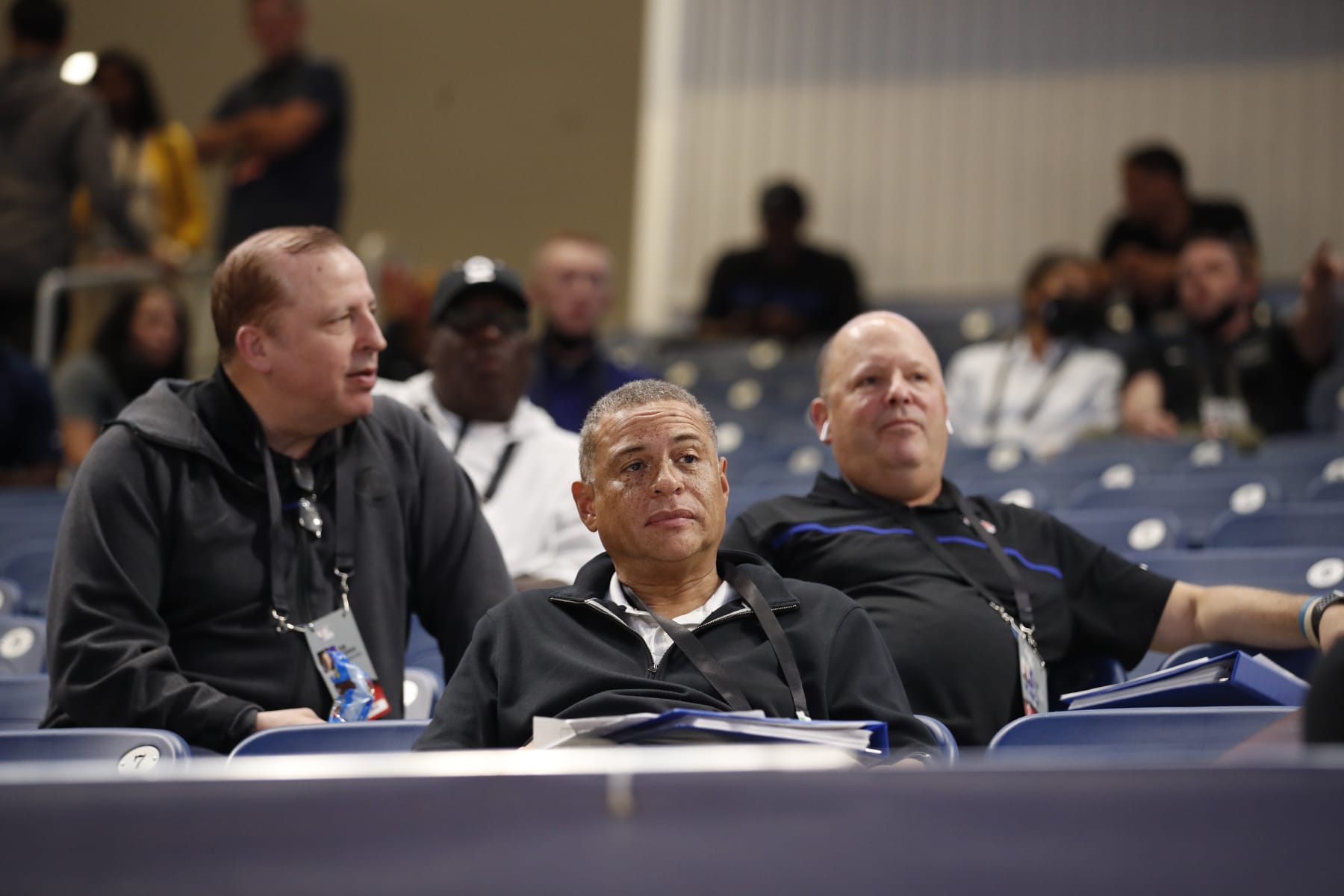 CHICAGO, IL - JUNE 24: Head Coach Tom Thibodeau, President Leon Rose, and General Manager Scott Perry of the New York Knicks look on during the 2021 NBA Draft Combine on June 24, 2021 at the Wintrust Arena in Chicago, Illinois. NOTE TO USER: User expressly acknowledges and agrees that, by downloading and or using this photograph, user is consenting to the terms and conditions of the Getty Images License Agreement. Mandatory Copyright Notice: Copyright 2021 NBAE (Photo by Jeff Haynes/NBAE via Getty Images)