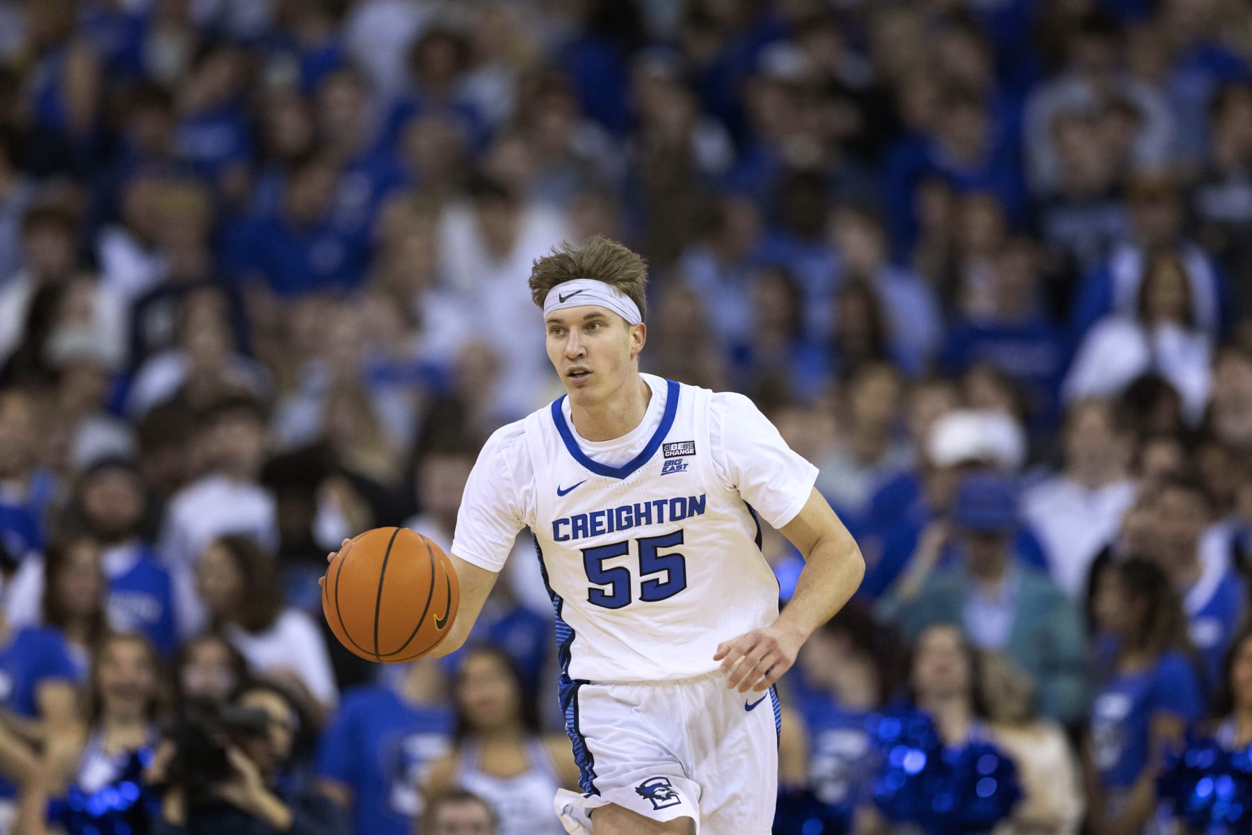 Creighton's Baylor Scheierman brings the ball up against North Dakota during the second half of an NCAA college basketball game Thursday, Nov. 10, 2022, in Omaha, Neb. Creighton won 96-61. (AP Photo/Rebecca S. Gratz)