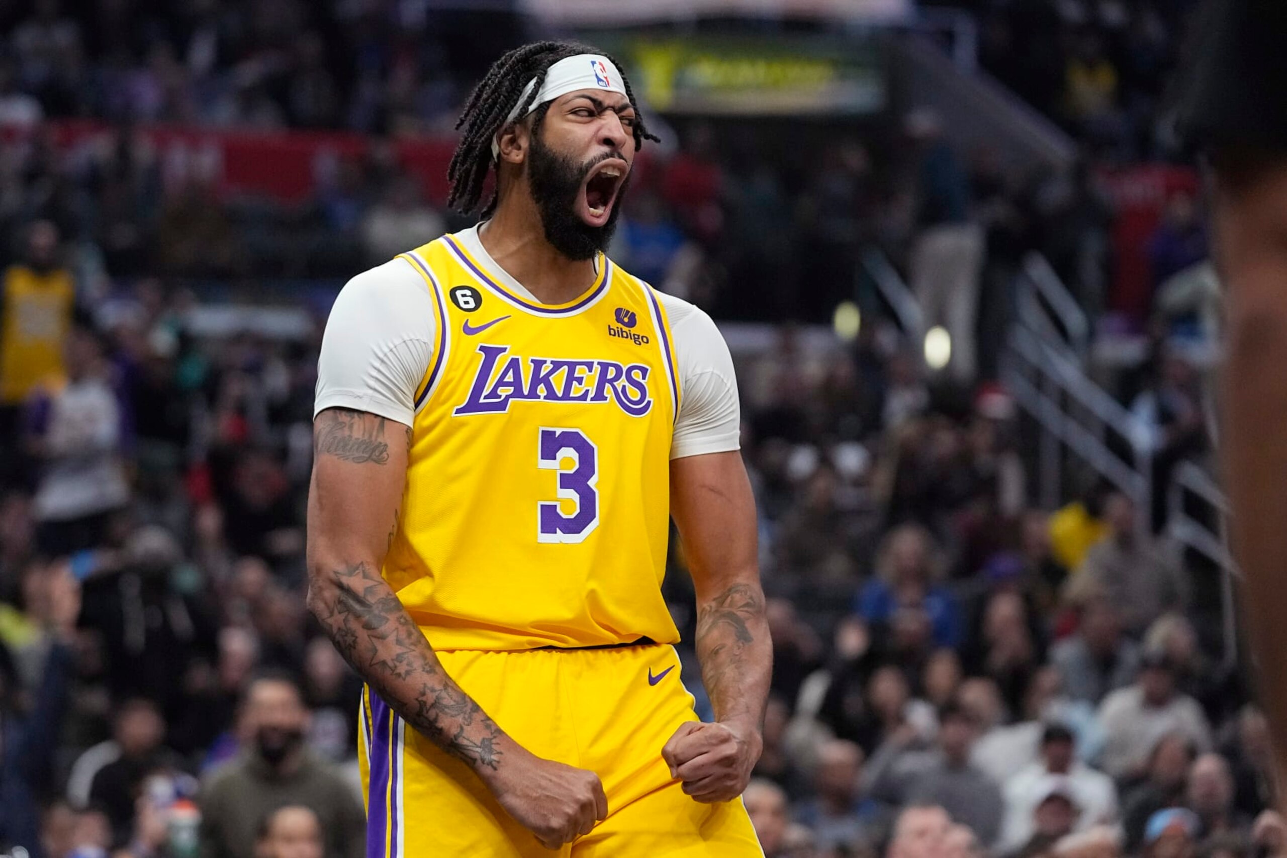Los Angeles Lakers forward Anthony Davis celebrates after scoring during the first half of an NBA basketball game against the Los Angeles Clippers Wednesday, Nov. 9, 2022, in Los Angeles. (AP Photo/Mark J. Terrill) Los Angeles Lakers forward Anthony Davis celebrates after scoring during the first half of an NBA basketball game against the Los Angeles Clippers Wednesday, Nov. 9, 2022, in Los Angeles. (AP Photo/Mark J. Terrill)