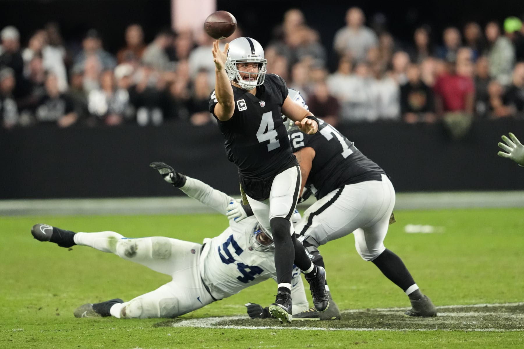Las Vegas Raiders quarterback Derek Carr (4) throws against the Indianapolis Colts during an NFL football game, Sunday, Nov. 13, 2022, in Las Vegas. (AP Photo/Matt York)