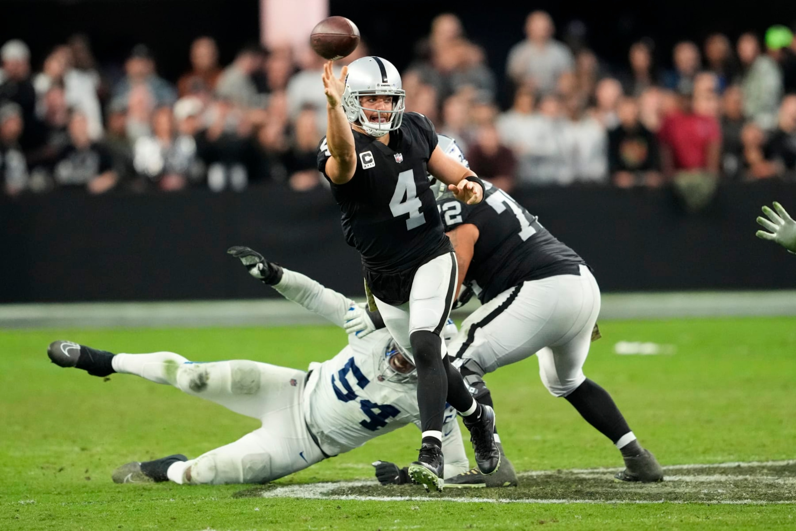 Las Vegas Raiders quarterback Derek Carr (4) throws against the Indianapolis Colts during an NFL football game, Sunday, Nov. 13, 2022, in Las Vegas. (AP Photo/Matt York)