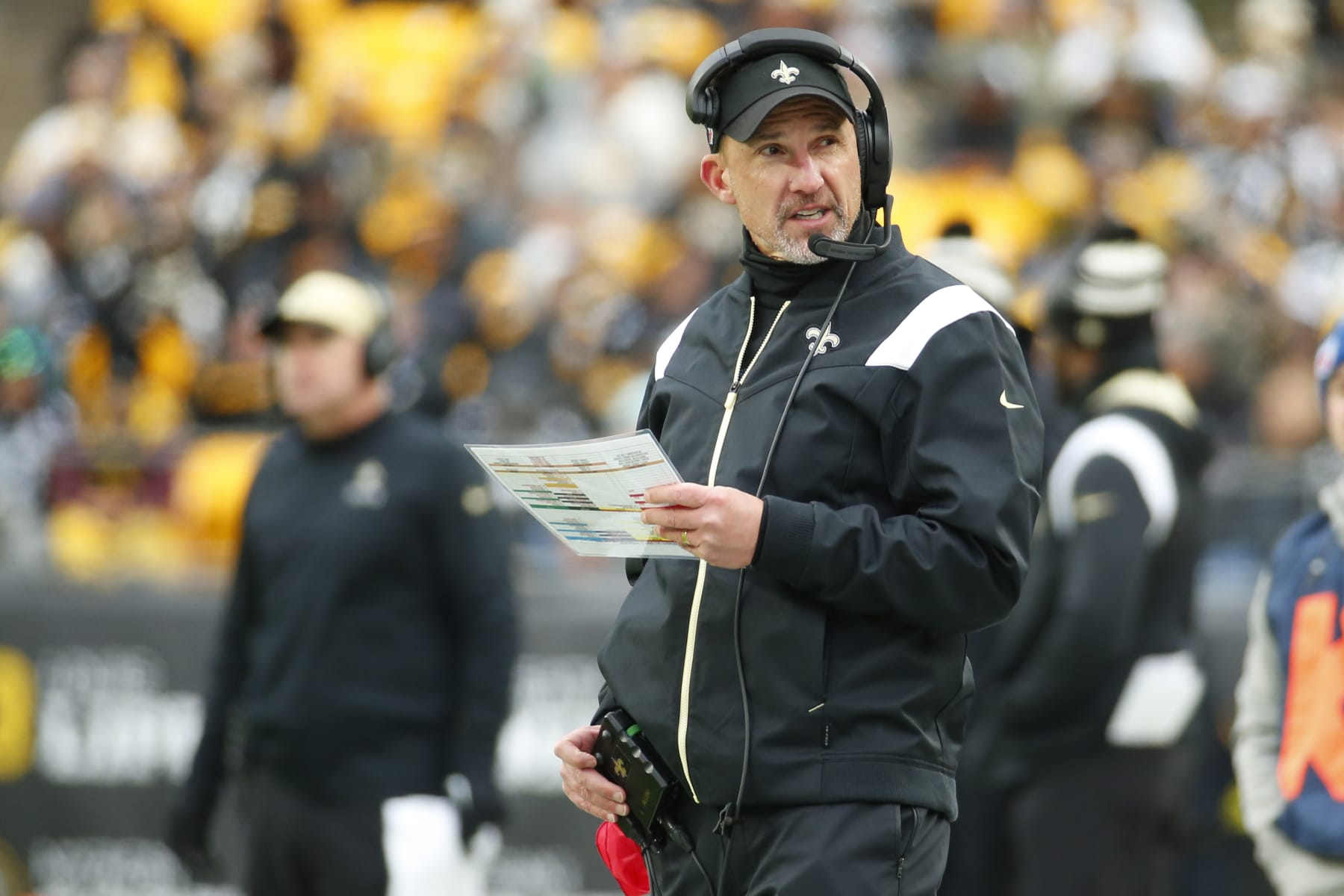 PITTSBURGH, PENNSYLVANIA - NOVEMBER 13: Head coach Dennis Allen of the New Orleans Saints looks on during the first half of the game against the Pittsburgh Steelers at Acrisure Stadium on November 13, 2022 in Pittsburgh, Pennsylvania. (Photo by Justin K. Aller/Getty Images)