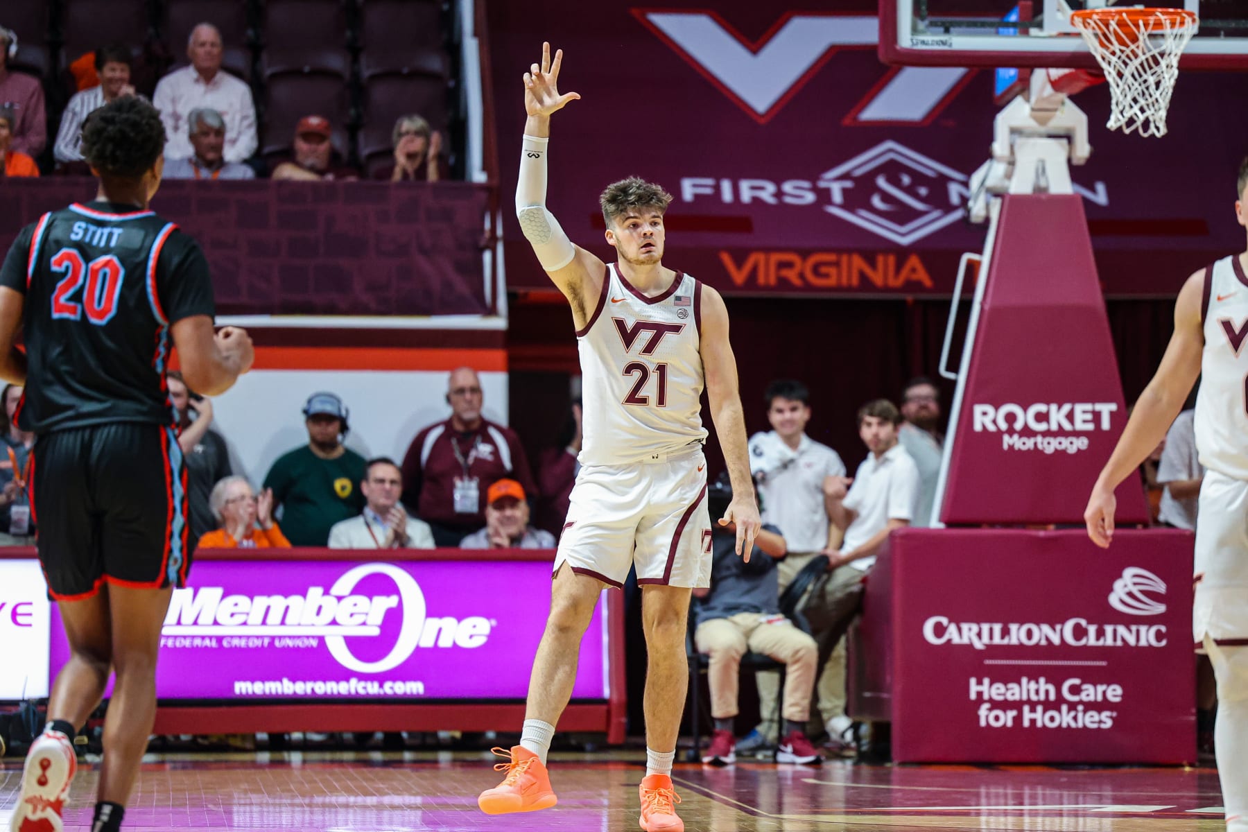 BLACKSBURG, VA - NOVEMBER 07: Forward Grant Basile #21 of the Virginia Tech Hokies in the first half during a game against the Delaware State Hornets at Cassell Coliseum on November 7, 2022 in Blacksburg, Virginia. (Photo by Ryan Hunt/Getty Images)