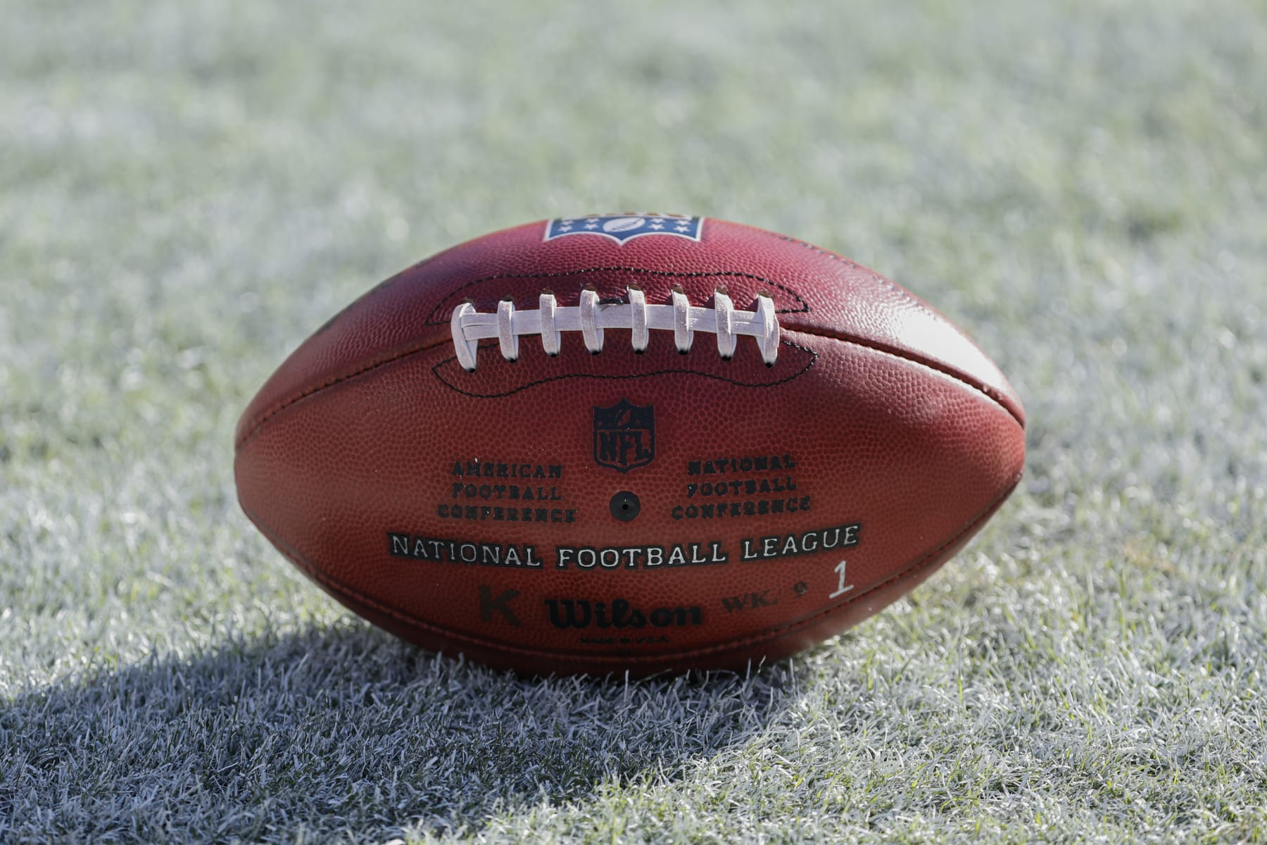 Wilson football sits on the field during the second half of an NFL football game between the Chicago Bears and Miami Dolphins, Sunday, Nov. 6, 2022, in Chicago. (AP Photo/Kamil Krzaczynski)