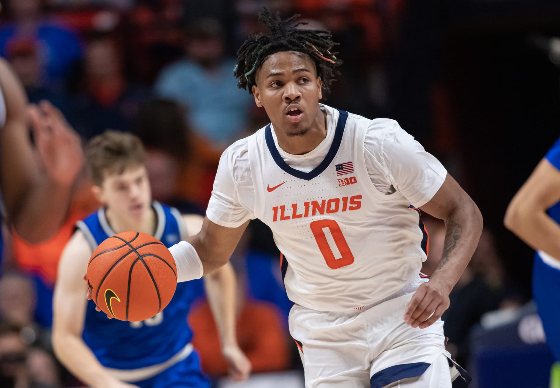 CHAMPAIGN, IL - NOVEMBER 07: Terrence Shannon Jr. #0 of the Illinois Fighting Illini brings the ball up court during the game against the Eastern Illinois Panthers at State Farm Center on November 7, 2022 in Champaign, Illinois. (Photo by Michael Hickey/Getty Images)