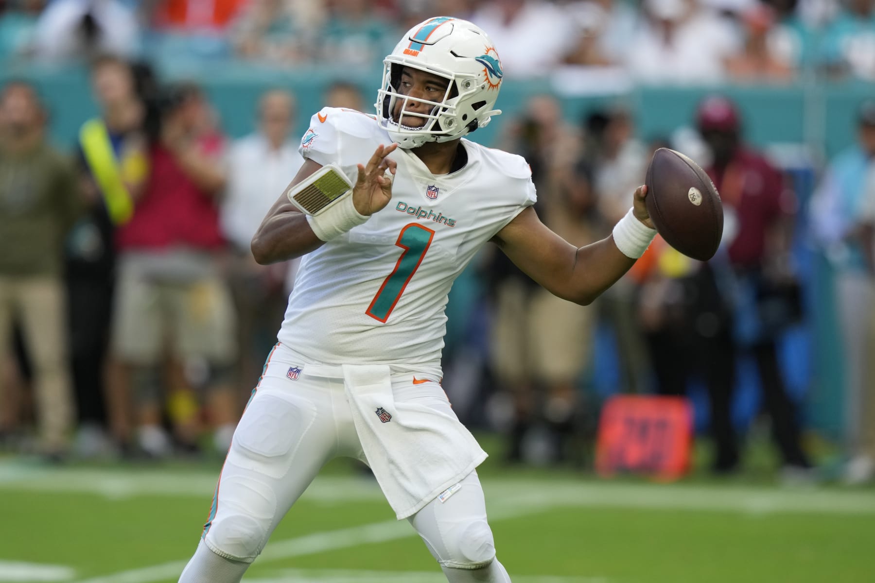 Miami Dolphins quarterback Tua Tagovailoa (1) aims a pass during the second half of an NFL football game against the Cleveland Browns, Sunday, Nov. 13, 2022, in Miami Gardens, Fla. (AP Photo/Lynne Sladky)