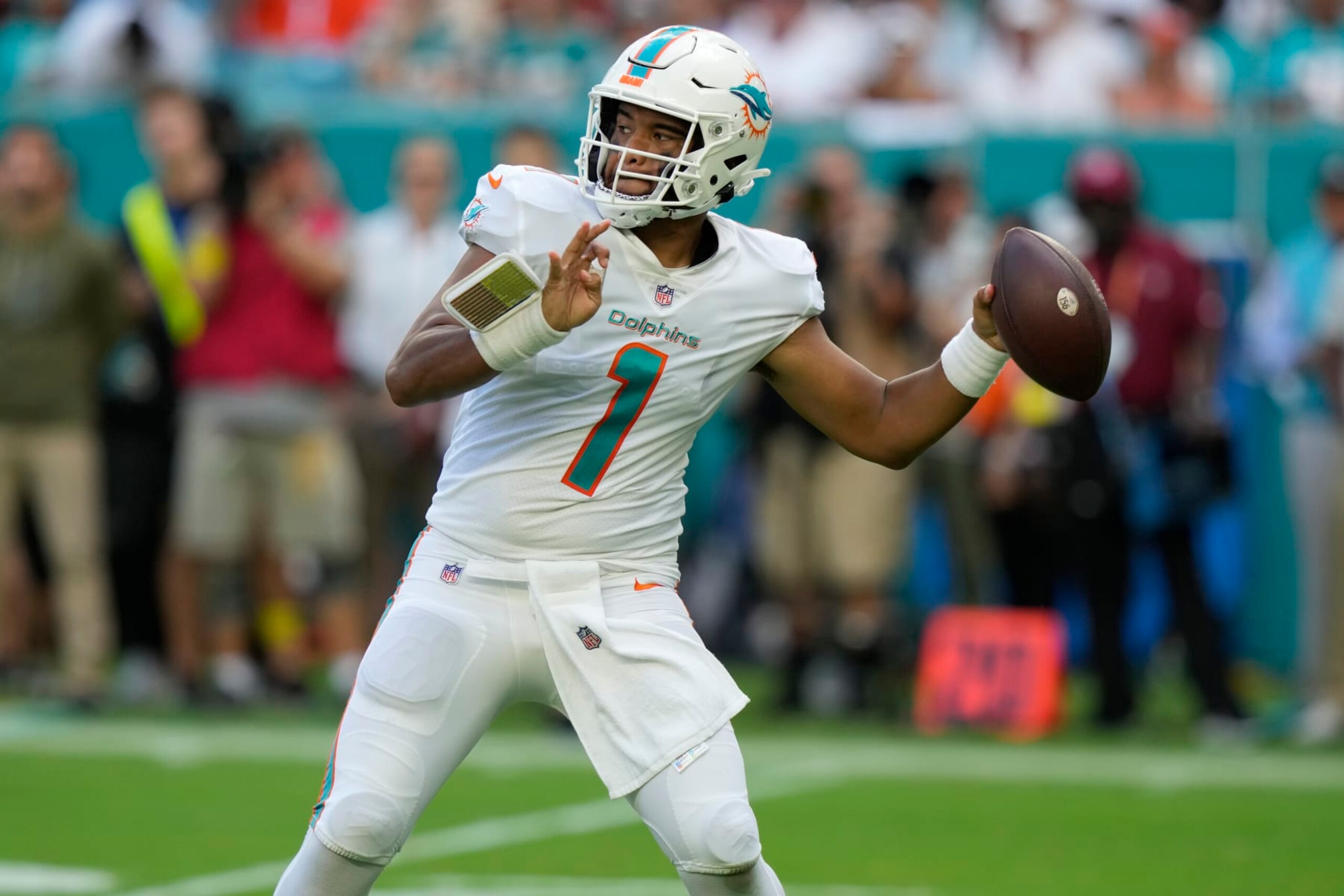 Miami Dolphins quarterback Tua Tagovailoa (1) aims a pass during the second half of an NFL football game against the Cleveland Browns, Sunday, Nov. 13, 2022, in Miami Gardens, Fla. (AP Photo/Lynne Sladky) Miami Dolphins quarterback Tua Tagovailoa (1) aims a pass during the second half of an NFL football game against the Cleveland Browns, Sunday, Nov. 13, 2022, in Miami Gardens, Fla. (AP Photo/Lynne Sladky)