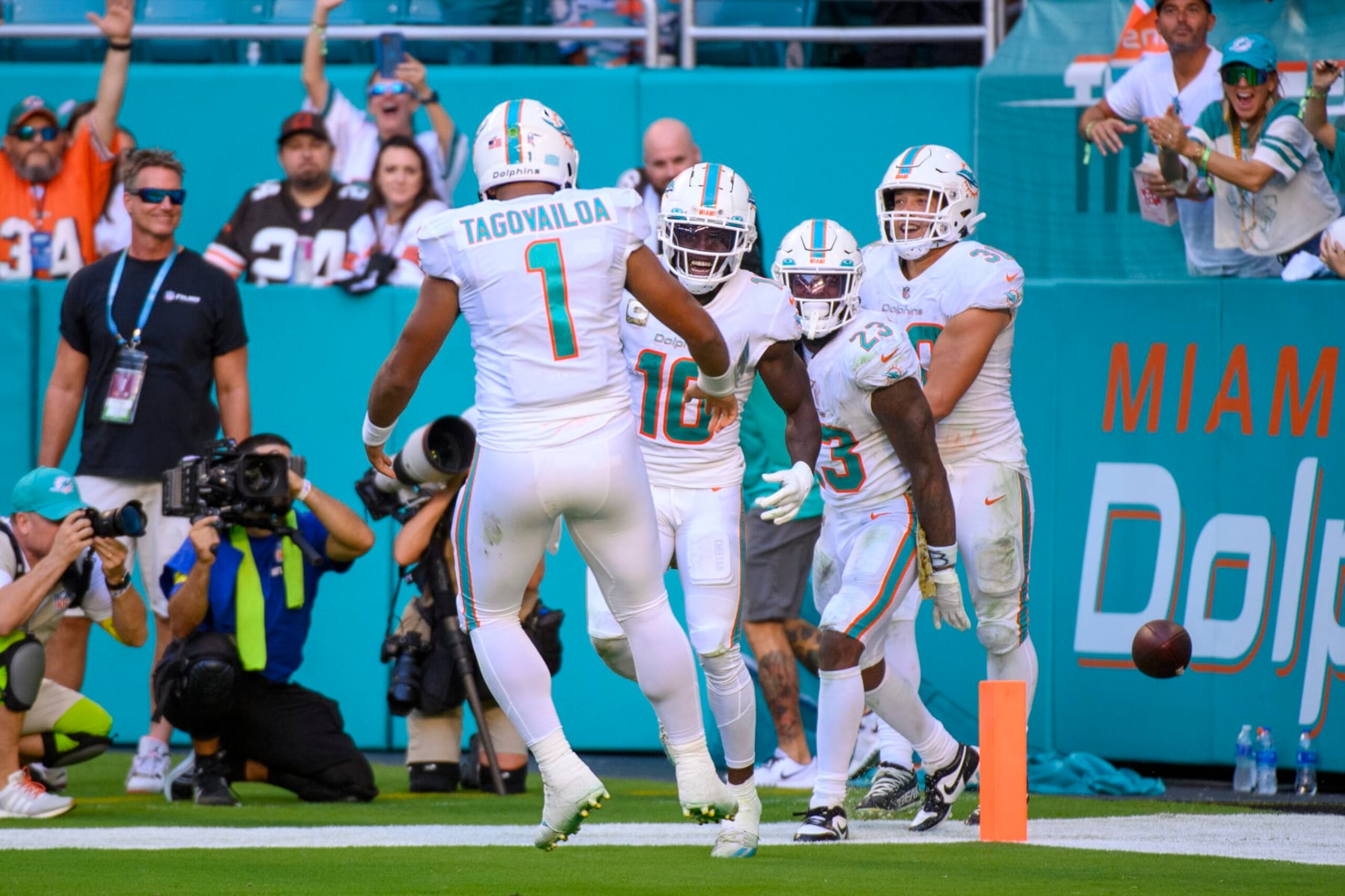 Miami Dolphins wide receiver Tyreek Hill (10) smiles after scoring a touchdown and celebrates with Miami Dolphins quarterback Tua Tagovailoa (1) during an NFL football game against the Cleveland Browns, Sunday, Nov. 13, 2022, in Miami Gardens, Fla. (AP Photo/Doug Murray) Miami Dolphins wide receiver Tyreek Hill (10) smiles after scoring a touchdown and celebrates with Miami Dolphins quarterback Tua Tagovailoa (1) during an NFL football game against the Cleveland Browns, Sunday, Nov. 13, 2022, in Miami Gardens, Fla. (AP Photo/Doug Murray)