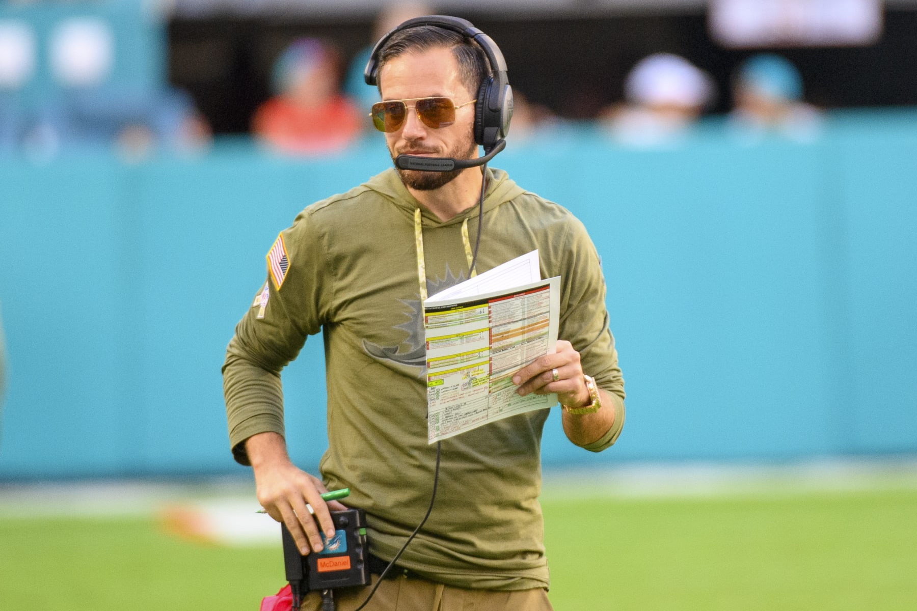 Miami Dolphins head coach Mike McDaniel stands on the field during an NFL football game against the Cleveland Browns, Sunday, Nov. 13, 2022, in Miami Gardens, Fla. (AP Photo/Doug Murray)