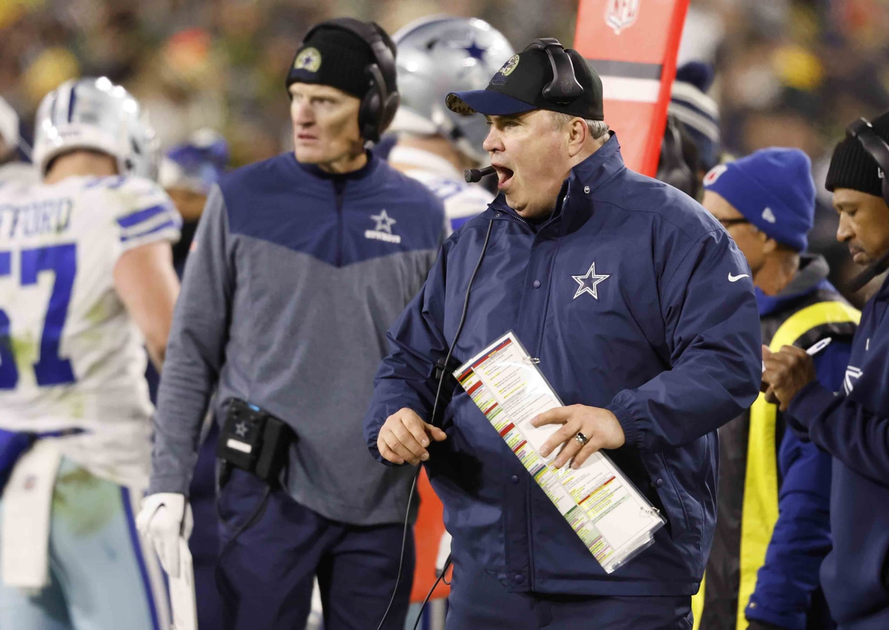 Dallas Cowboys Head coach Mike McCarthy reacts against the Green Bay Packers during an NFL football game Sunday, Nov. 13, 2022, in Green Bay, Wis. (AP Photo/Jeffrey Phelps)