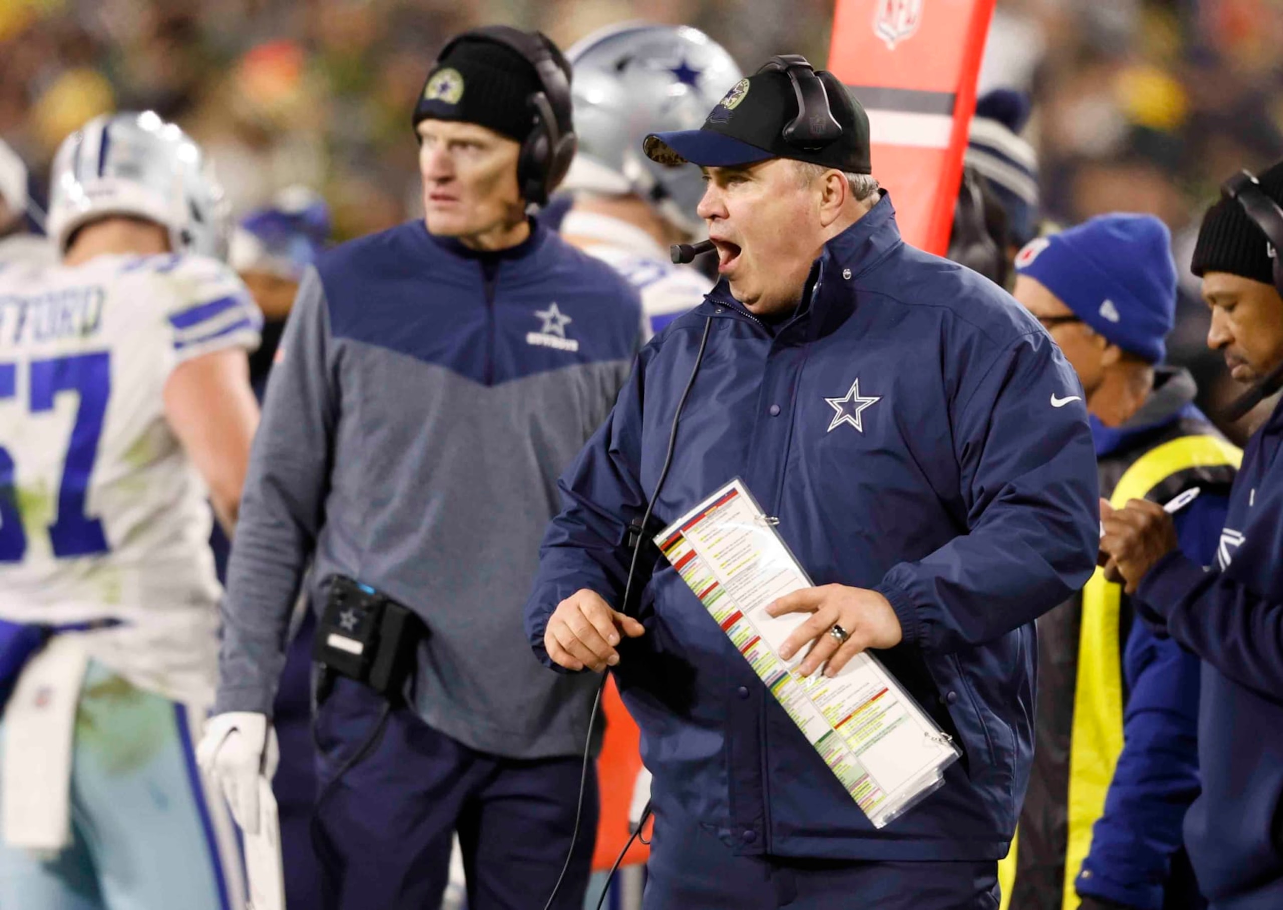 Dallas Cowboys Head coach Mike McCarthy reacts against the Green Bay Packers during an NFL football game Sunday, Nov. 13, 2022, in Green Bay, Wis. (AP Photo/Jeffrey Phelps)