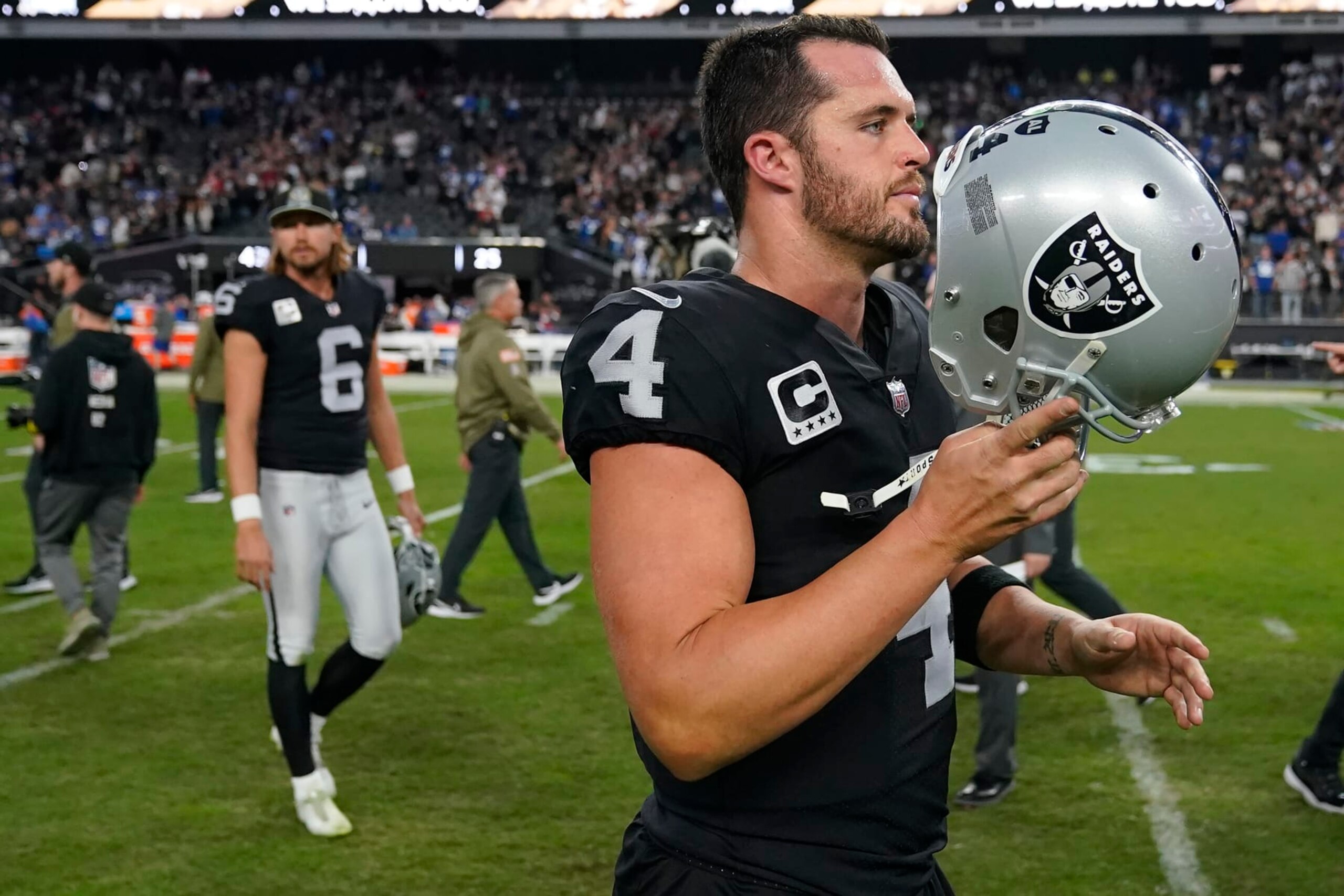Las Vegas Raiders quarterback Derek Carr (4) leaves the field after an NFL football game against the Indianapolis Colts, Sunday, Nov. 13, 2022, in Las Vegas. (AP Photo/Matt York) Las Vegas Raiders quarterback Derek Carr (4) leaves the field after an NFL football game against the Indianapolis Colts, Sunday, Nov. 13, 2022, in Las Vegas. (AP Photo/Matt York)