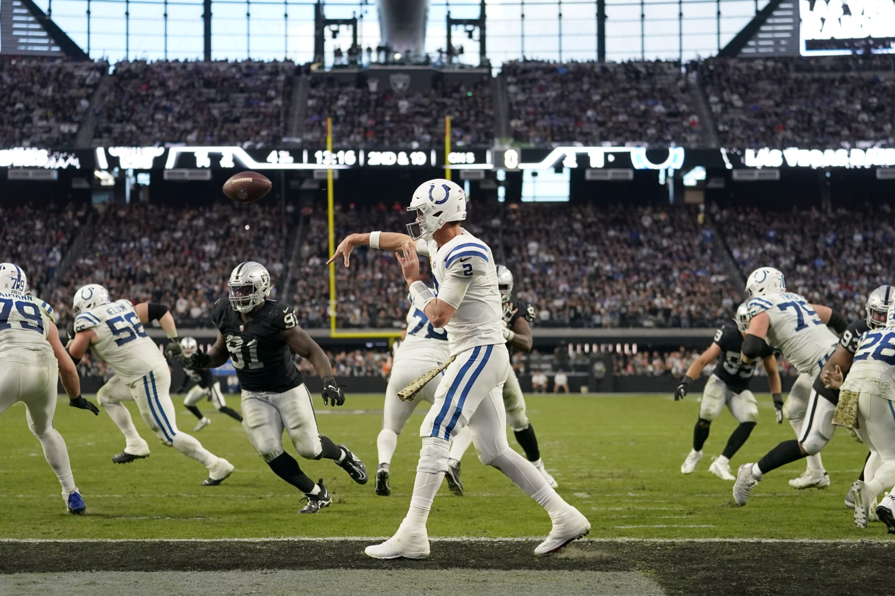 Indianapolis Colts quarterback Matt Ryan (2) throws against the Las Vegas Raiders during an NFL football game, Sunday, Nov. 13, 2022, in Las Vegas. (AP Photo/Matt York)