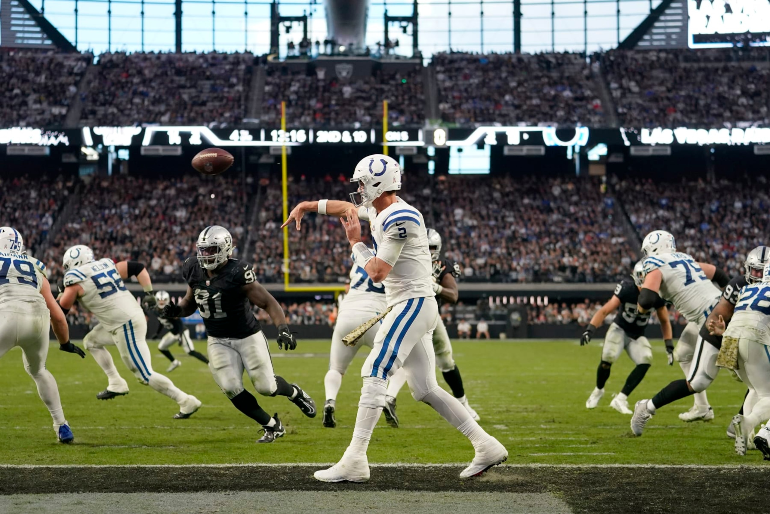 Indianapolis Colts quarterback Matt Ryan (2) throws against the Las Vegas Raiders during an NFL football game, Sunday, Nov. 13, 2022, in Las Vegas. (AP Photo/Matt York) Indianapolis Colts quarterback Matt Ryan (2) throws against the Las Vegas Raiders during an NFL football game, Sunday, Nov. 13, 2022, in Las Vegas. (AP Photo/Matt York)