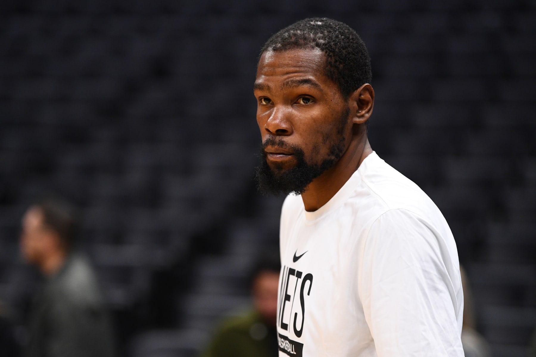 LOS ANGELES, CA - NOVEMBER 12: Brooklyn Nets Forward Kevin Durant (7) looks on before a NBA game between the Brooklyn Nets and the Los Angeles Clippers on November 12, 2022 at Crypto.com Arena in Los Angeles, CA. (Photo by Brian Rothmuller/Icon Sportswire via Getty Images)