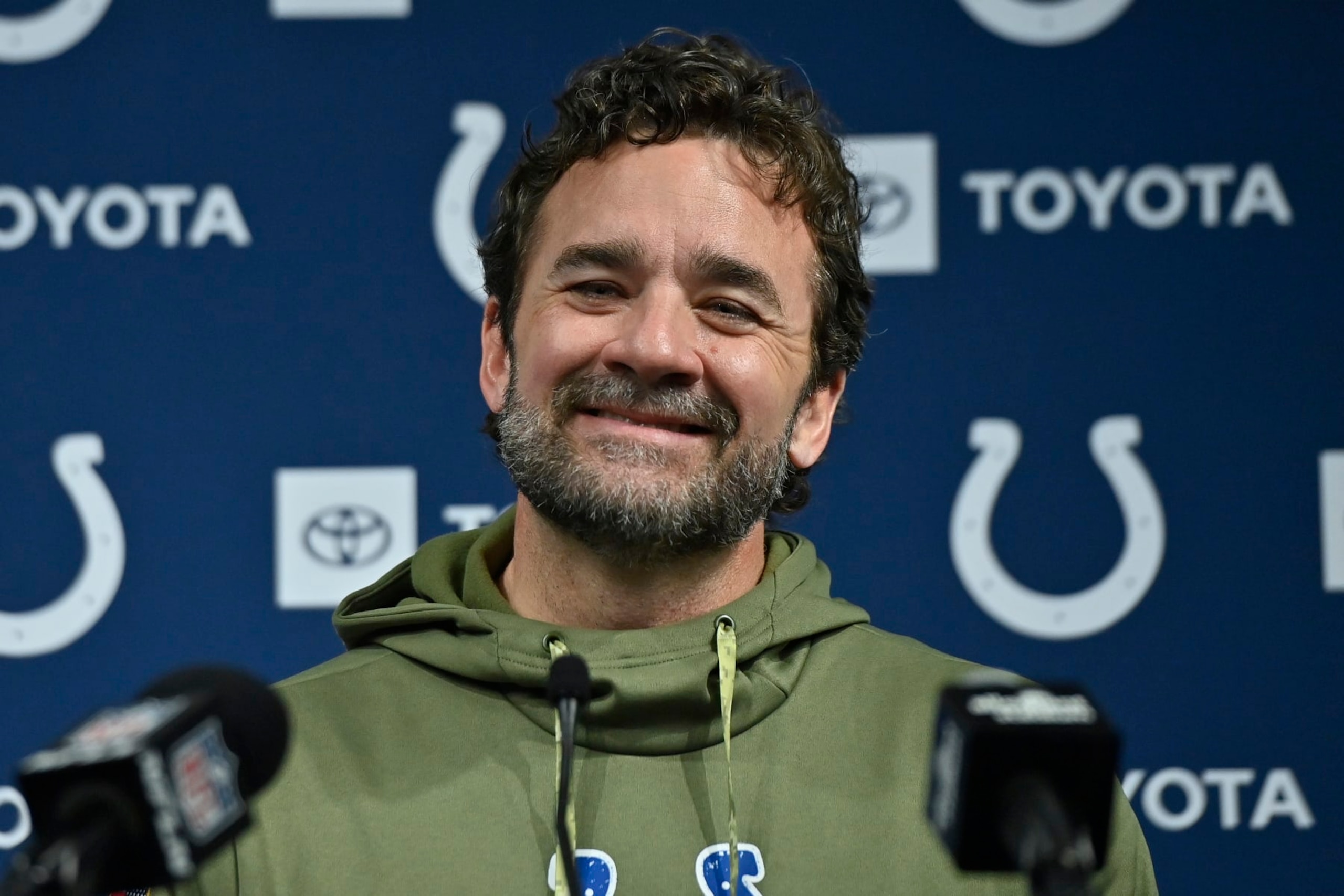 Indianapolis Colts head coach Jeff Saturday speaks after an NFL football game against the Indianapolis Colts, Sunday, Nov. 13, 2022, in Las Vegas. (AP Photo/David Becker) Indianapolis Colts head coach Jeff Saturday speaks after an NFL football game against the Indianapolis Colts, Sunday, Nov. 13, 2022, in Las Vegas. (AP Photo/David Becker)