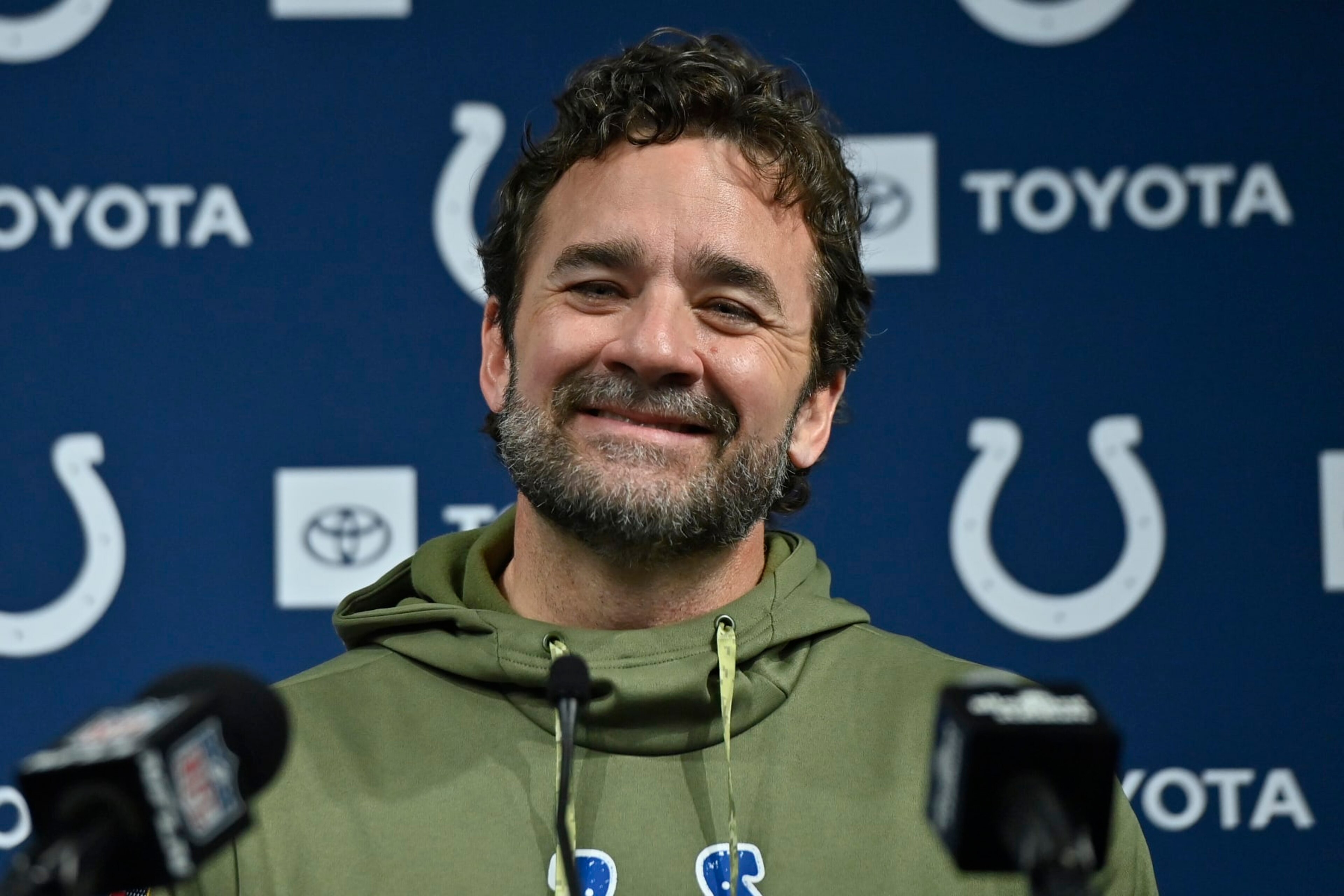 Indianapolis Colts head coach Jeff Saturday speaks after an NFL football game against the Indianapolis Colts, Sunday, Nov. 13, 2022, in Las Vegas. (AP Photo/David Becker) Indianapolis Colts head coach Jeff Saturday speaks after an NFL football game against the Indianapolis Colts, Sunday, Nov. 13, 2022, in Las Vegas. (AP Photo/David Becker)