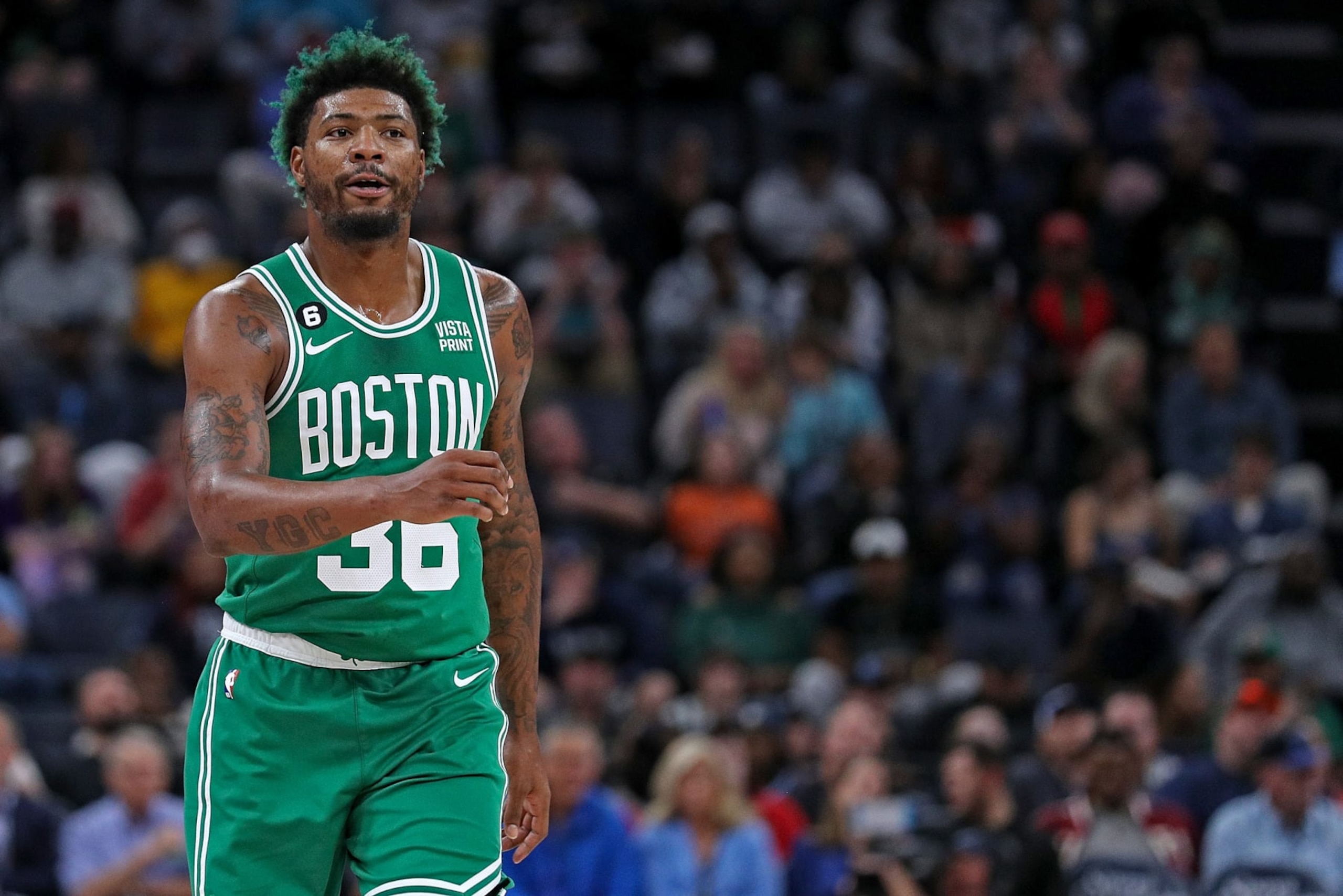 MEMPHIS, TENNESSEE - NOVEMBER 07: Marcus Smart #36 of the Boston Celtics during the game against the Memphis Grizzlies at FedExForum on November 07, 2022 in Memphis, Tennessee. NOTE TO USER: User expressly acknowledges and agrees that, by downloading and or using this photograph, User is consenting to the terms and conditions of the Getty Images License Agreement. (Photo by Justin Ford/Getty Images) MEMPHIS, TENNESSEE - NOVEMBER 07: Marcus Smart #36 of the Boston Celtics during the game against the Memphis Grizzlies at FedExForum on November 07, 2022 in Memphis, Tennessee. NOTE TO USER: User expressly acknowledges and agrees that, by downloading and or using this photograph, User is consenting to the terms and conditions of the Getty Images License Agreement. (Photo by Justin Ford/Getty Images)