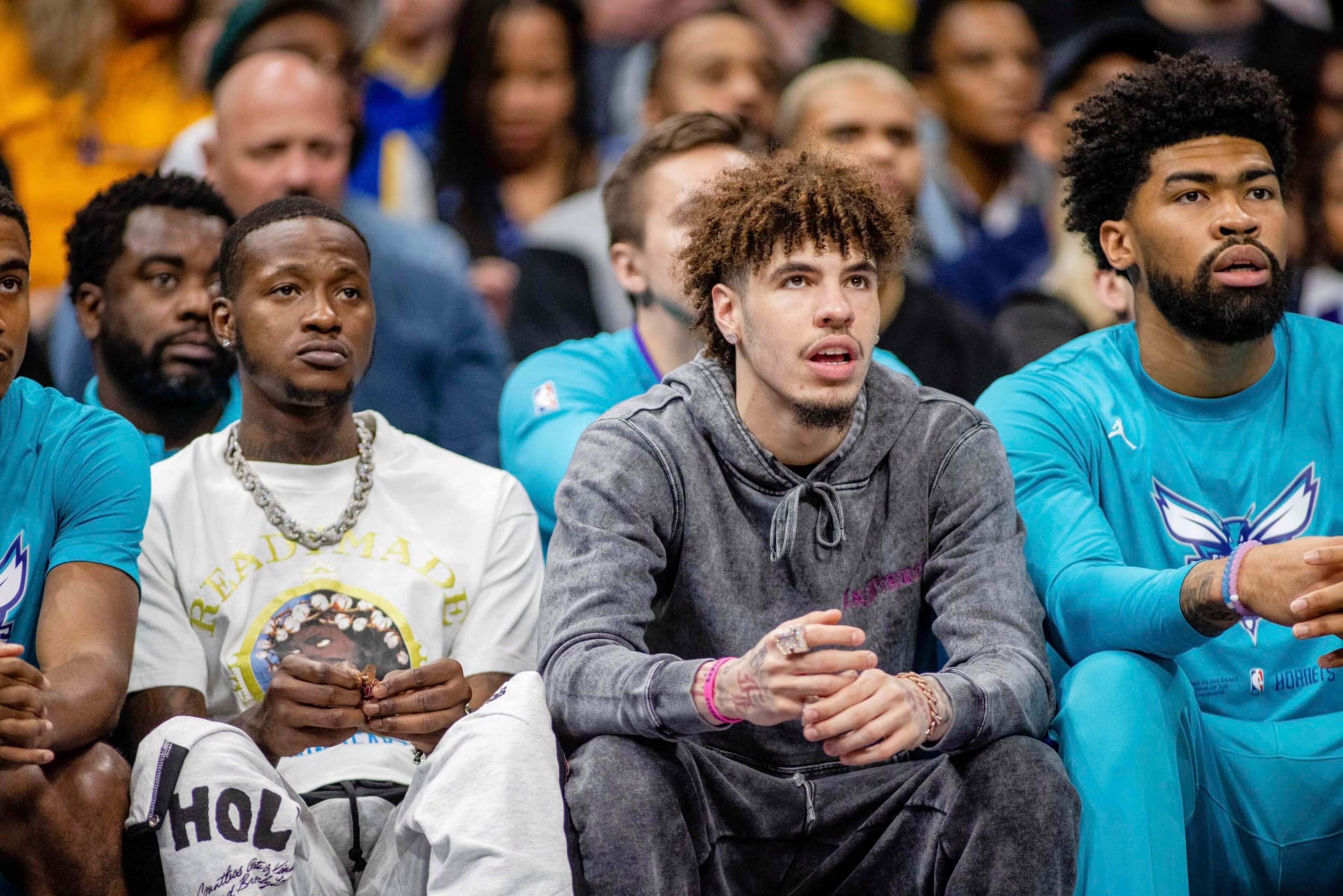 Charlotte Hornets guard Terry Rozier (3) and guard LaMelo Ball (1) watch from the bench during the first half of an NBA basketball game against Golden State Warriors on Saturday, Oct. 29, 2022, in Charlotte, N.C. (AP Photo/Scott Kinser) Charlotte Hornets guard Terry Rozier (3) and guard LaMelo Ball (1) watch from the bench during the first half of an NBA basketball game against Golden State Warriors on Saturday, Oct. 29, 2022, in Charlotte, N.C. (AP Photo/Scott Kinser)