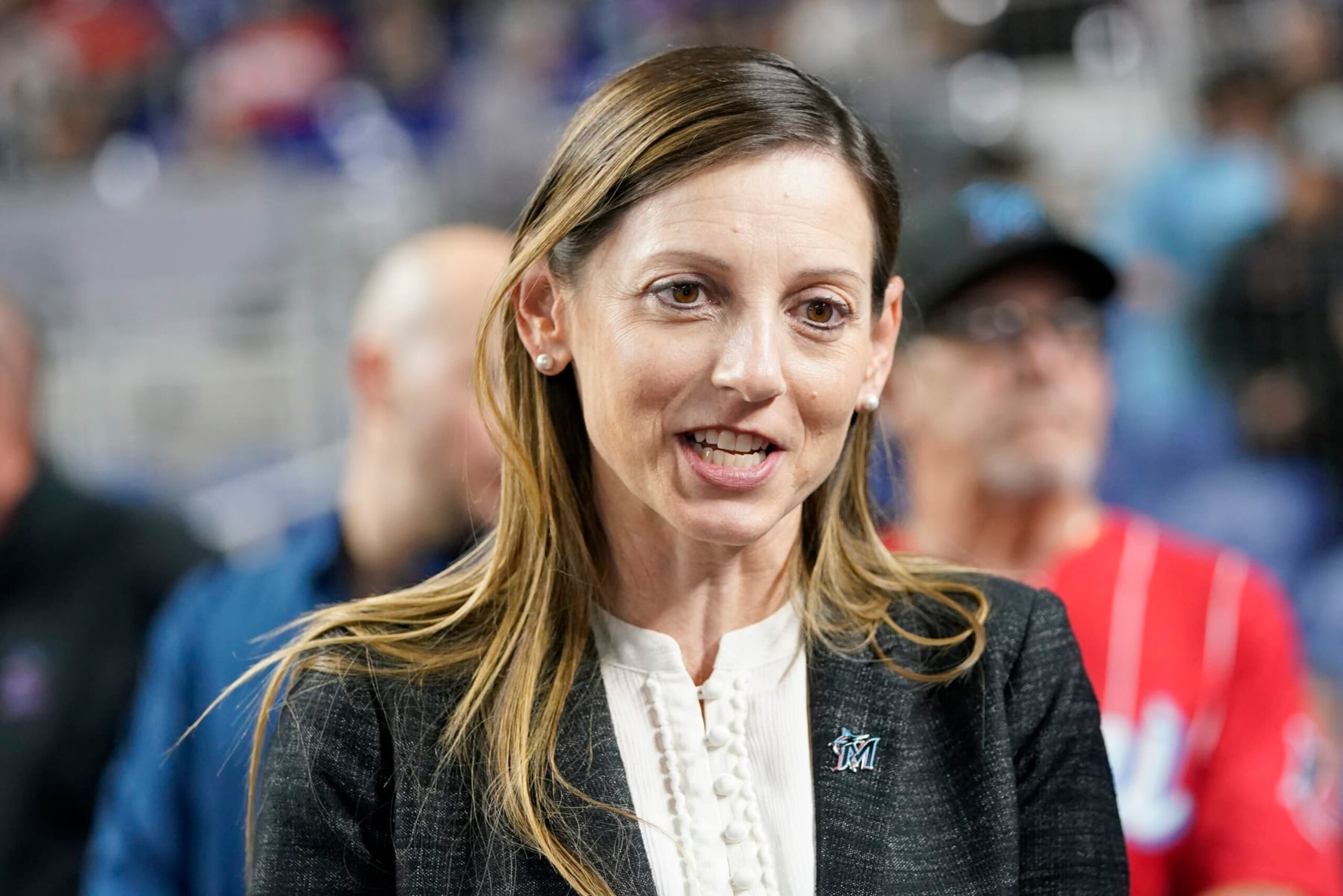 Caroline O'Connor appears before a baseball game against the Philadelphia Phillies, April 15, 2022, in Miami. The Miami Marlins promoted O’Connor to president of business operations on Monday, Nov. 14, 2022 making them the first U.S. major sports franchise to have women as both president and general manager. The Marlins made history by hiring Kim Ng as GM in November 2020; two years later, they’ve now made another significant move. (AP Photo/Lynne Sladky)