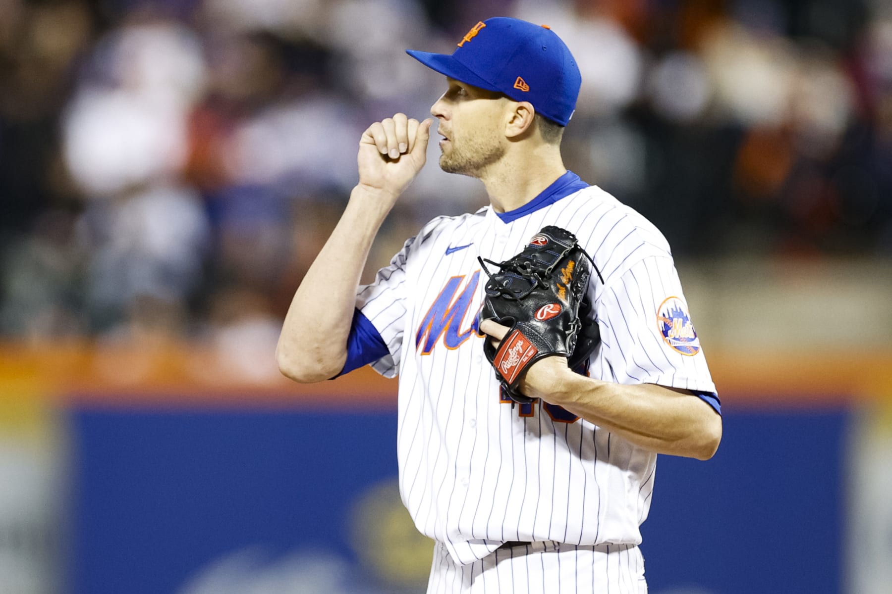 NEW YORK, NEW YORK - OCTOBER 08: Jacob deGrom #48 of the New York Mets reacts during the third inning against the San Diego Padres in game two of the Wild Card Series at Citi Field on October 08, 2022 in New York City. (Photo by Sarah Stier/Getty Images)