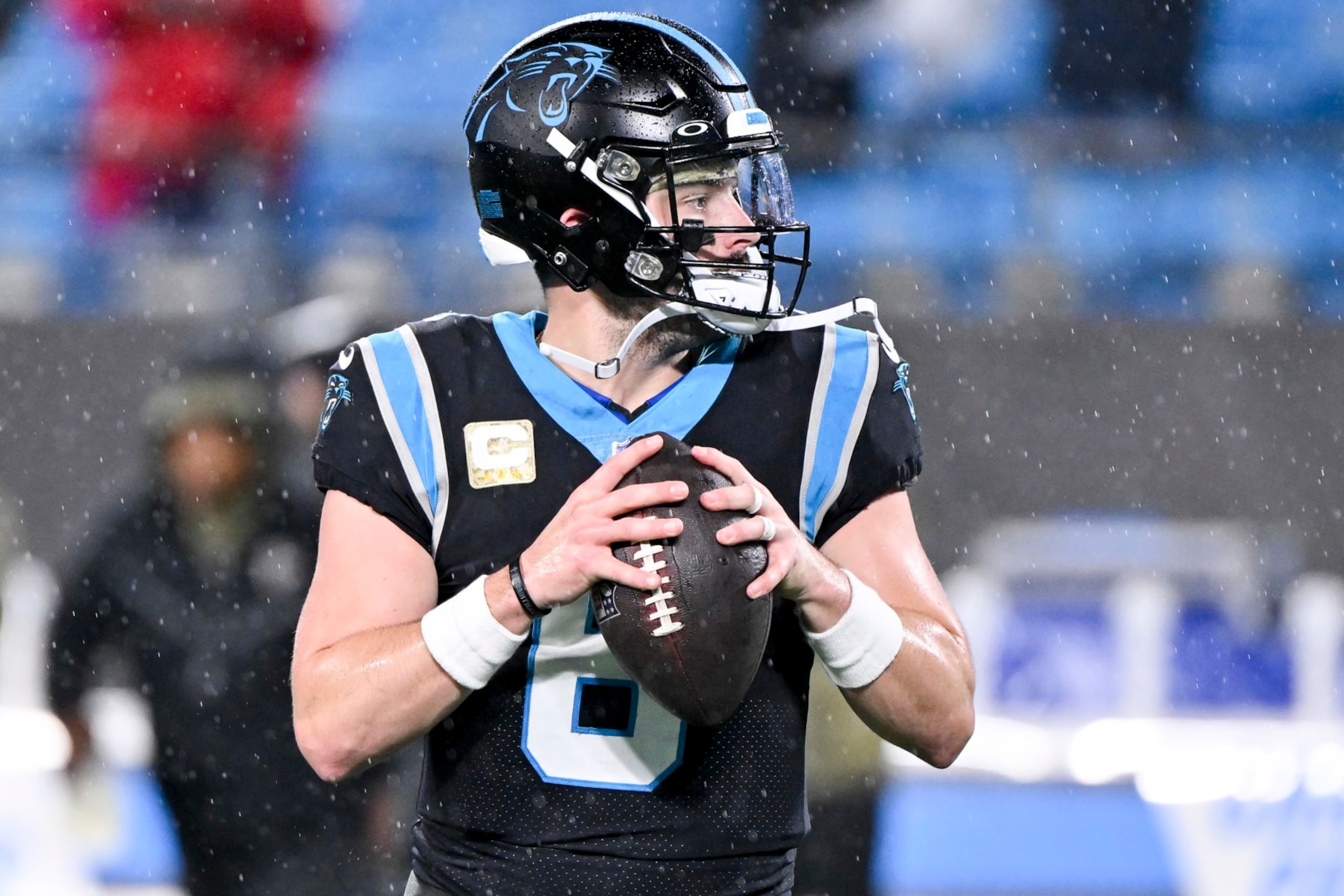 CHARLOTTE, NORTH CAROLINA - NOVEMBER 10: Baker Mayfield #6 of the Carolina Panthers warms up during pregame against the Atlanta Falcons at Bank of America Stadium on November 10, 2022 in Charlotte, North Carolina. (Photo by Grant Halverson/Getty Images) CHARLOTTE, NORTH CAROLINA - NOVEMBER 10: Baker Mayfield #6 of the Carolina Panthers warms up during pregame against the Atlanta Falcons at Bank of America Stadium on November 10, 2022 in Charlotte, North Carolina. (Photo by Grant Halverson/Getty Images)