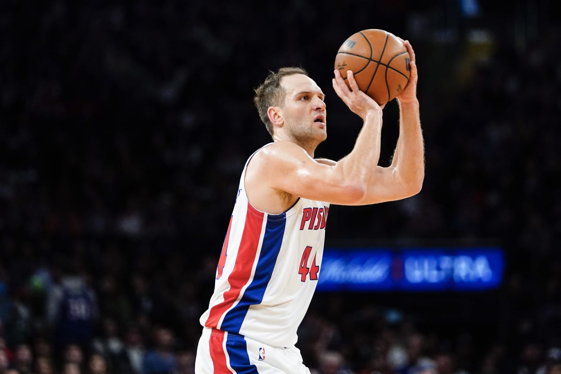 Detroit Pistons' Bojan Bogdanovic (44) during the first half of an NBA basketball game against the New York Knicks Friday, Nov. 11, 2022, in New York. (AP Photo/Frank Franklin II)