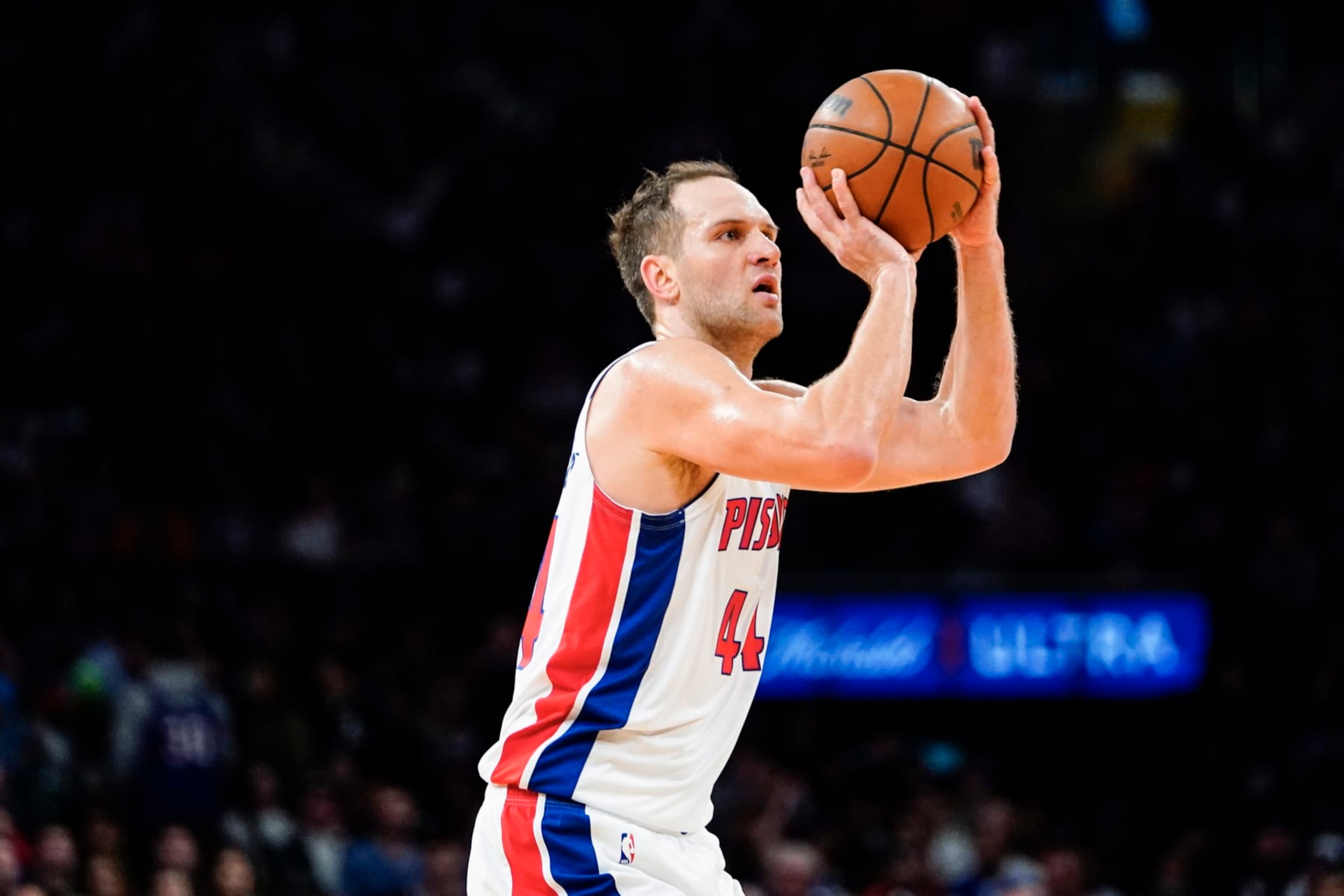 Detroit Pistons' Bojan Bogdanovic (44) during the first half of an NBA basketball game against the New York Knicks Friday, Nov. 11, 2022, in New York. (AP Photo/Frank Franklin II)