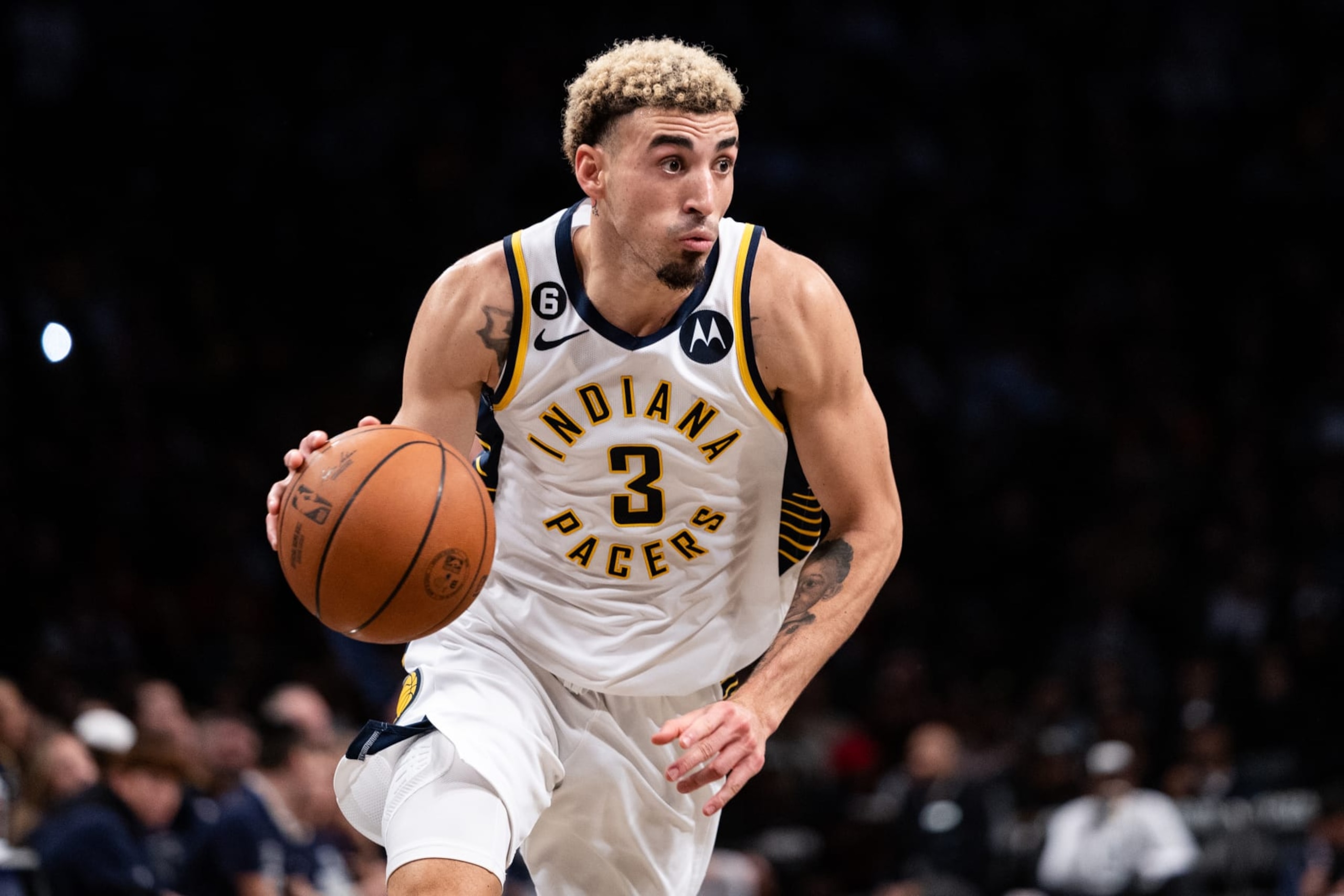 NEW YORK, NEW YORK - OCTOBER 31: Chris Duarte #3 of the Indiana Pacers in action during the third quarter of the game against the Brooklyn Nets at Barclays Center on October 31, 2022 in New York City. NOTE TO USER: User expressly acknowledges and agrees that, by downloading and or using this photograph, User is consenting to the terms and conditions of the Getty Images License Agreement. (Photo by Dustin Satloff/Getty Images) NEW YORK, NEW YORK - OCTOBER 31: Chris Duarte #3 of the Indiana Pacers in action during the third quarter of the game against the Brooklyn Nets at Barclays Center on October 31, 2022 in New York City. NOTE TO USER: User expressly acknowledges and agrees that, by downloading and or using this photograph, User is consenting to the terms and conditions of the Getty Images License Agreement. (Photo by Dustin Satloff/Getty Images)