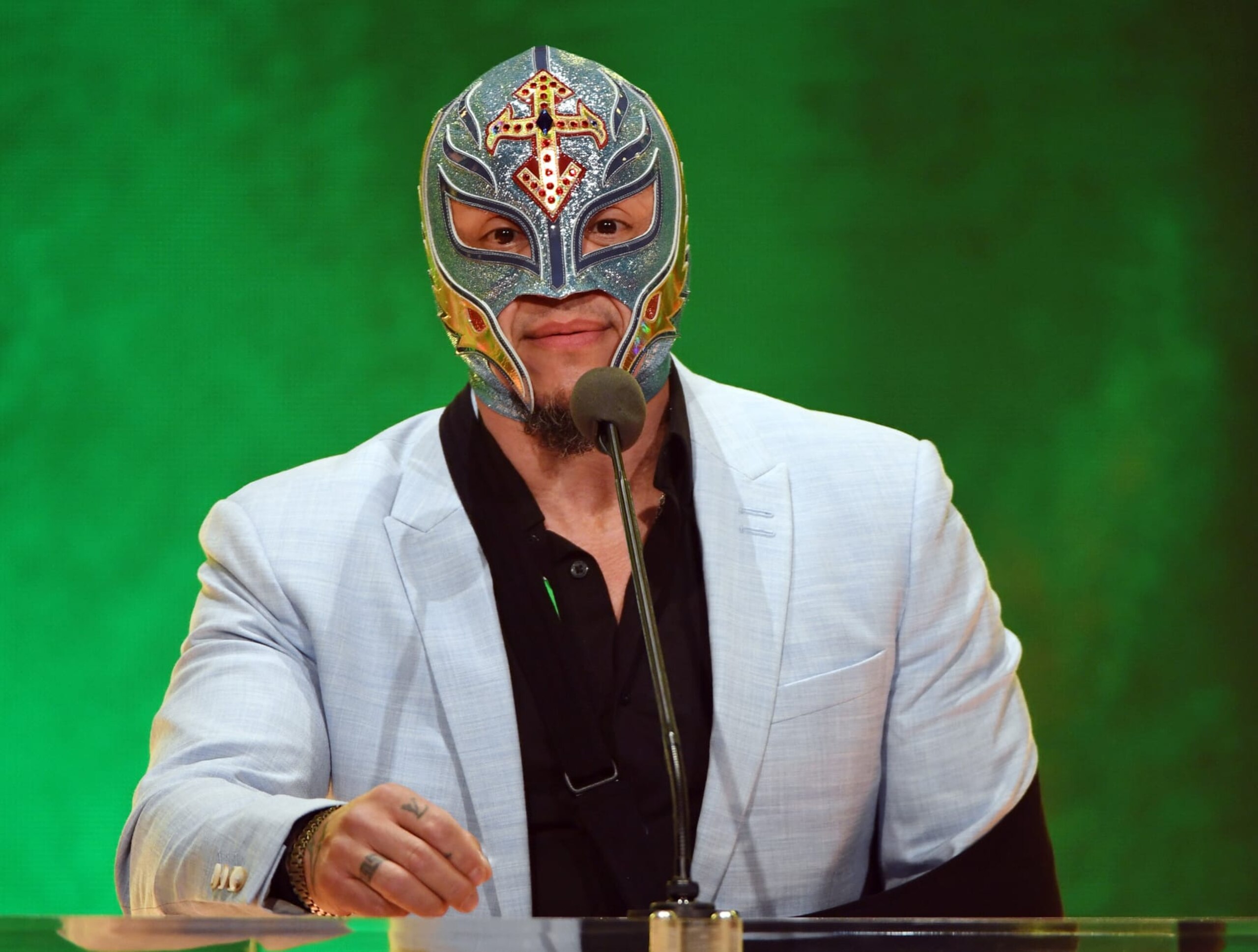 LAS VEGAS, NEVADA - OCTOBER 11: WWE wrestler Rey Mysterio speaks at a WWE news conference at T-Mobile Arena on October 11, 2019 in Las Vegas, Nevada. It was announced that WWE wrestler Braun Strowman will face heavyweight boxer Tyson Fury and WWE champion Brock Lesnar will take on former UFC heavyweight champion Cain Velasquez at the WWE's Crown Jewel event at Fahd International Stadium in Riyadh, Saudi Arabia on October 31. (Photo by Ethan Miller/Getty Images) LAS VEGAS, NEVADA - OCTOBER 11: WWE wrestler Rey Mysterio speaks at a WWE news conference at T-Mobile Arena on October 11, 2019 in Las Vegas, Nevada. It was announced that WWE wrestler Braun Strowman will face heavyweight boxer Tyson Fury and WWE champion Brock Lesnar will take on former UFC heavyweight champion Cain Velasquez at the WWE's Crown Jewel event at Fahd International Stadium in Riyadh, Saudi Arabia on October 31. (Photo by Ethan Miller/Getty Images)