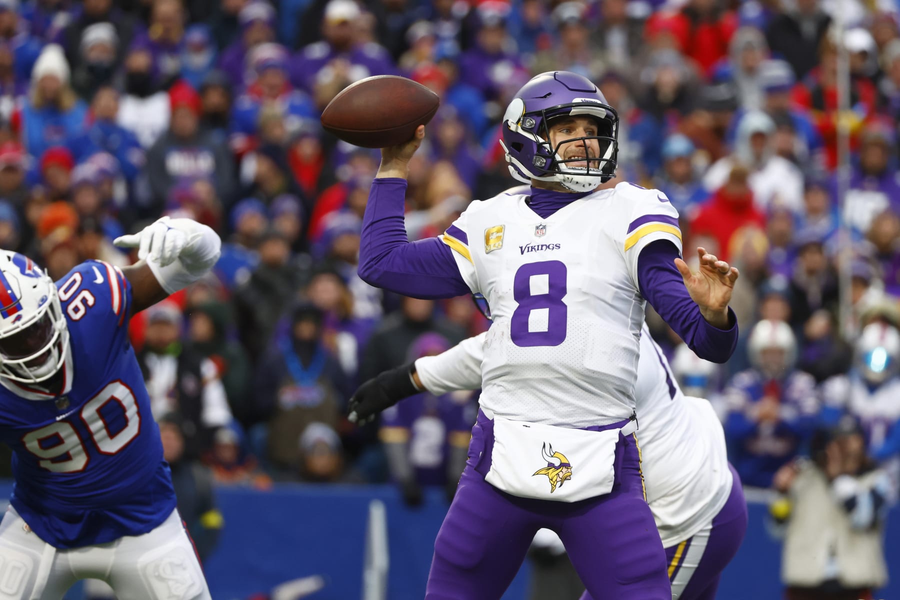 Minnesota Vikings quarterback Kirk Cousins (8) passes in the second half of an NFL football game against the Buffalo Bills, Sunday, Nov. 13, 2022, in Orchard Park, N.Y. (AP Photo/Jeffrey T. Barnes)