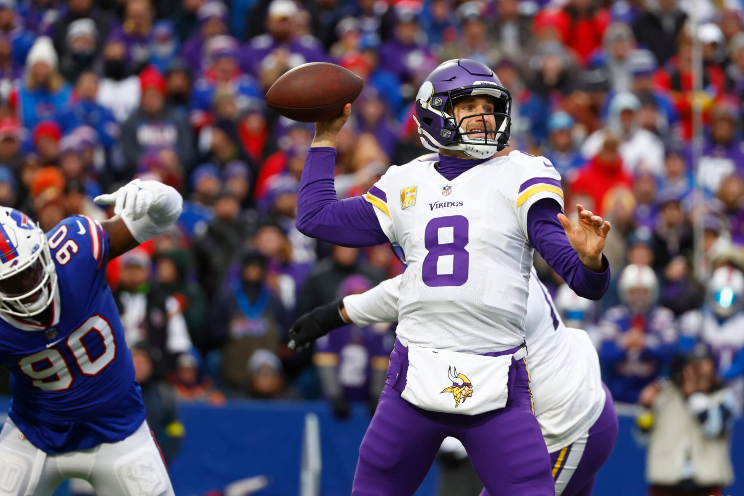 Minnesota Vikings quarterback Kirk Cousins (8) passes in the second half of an NFL football game against the Buffalo Bills, Sunday, Nov. 13, 2022, in Orchard Park, N.Y. (AP Photo/Jeffrey T. Barnes) Minnesota Vikings quarterback Kirk Cousins (8) passes in the second half of an NFL football game against the Buffalo Bills, Sunday, Nov. 13, 2022, in Orchard Park, N.Y. (AP Photo/Jeffrey T. Barnes)