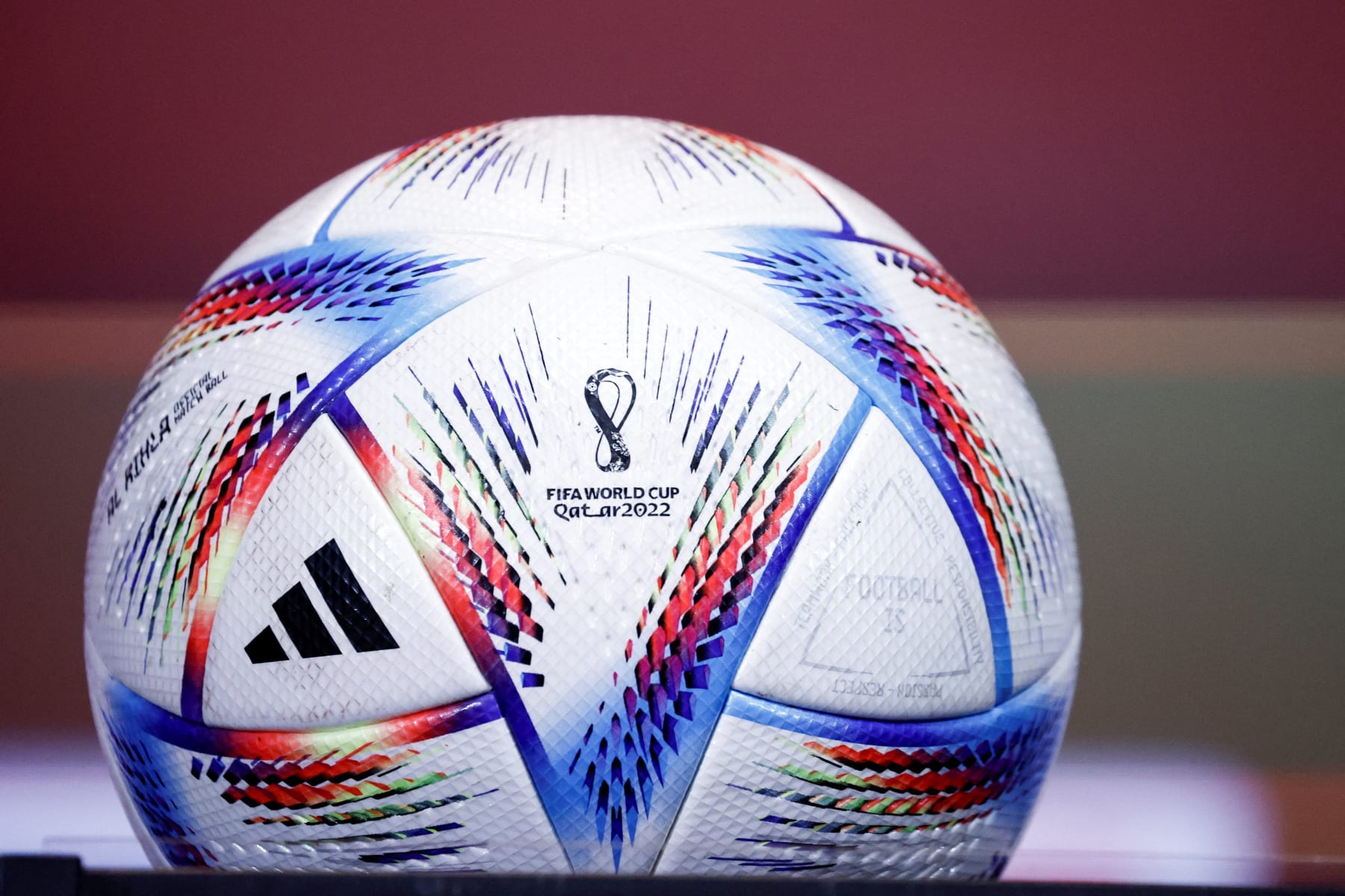 A view shows a ball with the logo of the Qatar 2022 World Cup at the Red Devils Base camp in Tubize, on November 14, 2022 (Photo by Kenzo TRIBOUILLARD / AFP) (Photo by KENZO TRIBOUILLARD/AFP via Getty Images)