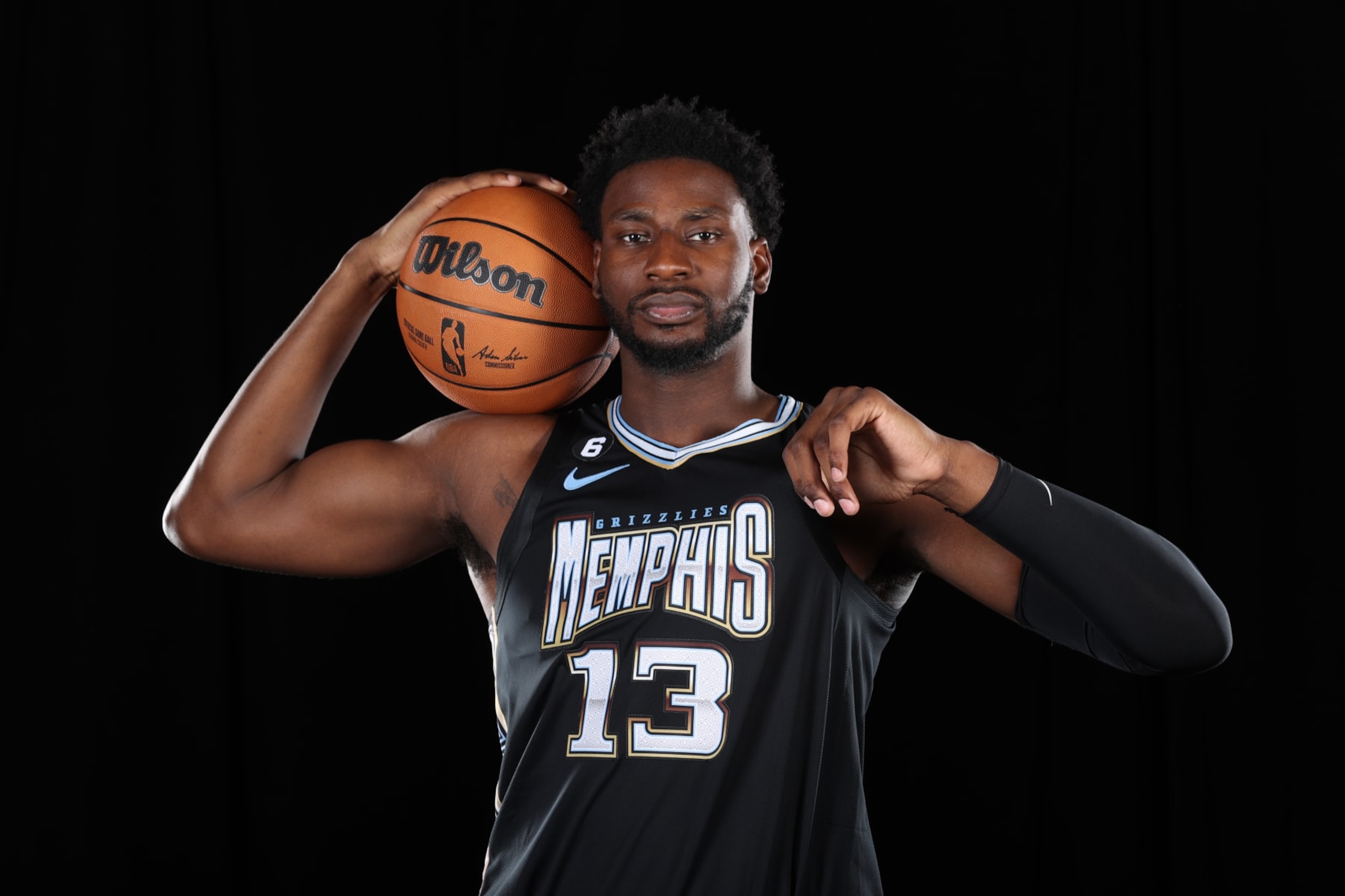 MEMPHIS, TN - SEPTEMBER 20: Jaren Jackson Jr. #13 of the Memphis Grizzlies poses for a portrait during the City Edition jersey shoot on September 20, 2022 at FedExForum in Memphis, Tennessee. NOTE TO USER: User expressly acknowledges and agrees that, by downloading and or using this photograph, User is consenting to the terms and conditions of the Getty Images License Agreement. Mandatory Copyright Notice: Copyright 2022 NBAE (Photo by Joe Murphy/NBAE via Getty Images) MEMPHIS, TN - SEPTEMBER 20: Jaren Jackson Jr. #13 of the Memphis Grizzlies poses for a portrait during the City Edition jersey shoot on September 20, 2022 at FedExForum in Memphis, Tennessee. NOTE TO USER: User expressly acknowledges and agrees that, by downloading and or using this photograph, User is consenting to the terms and conditions of the Getty Images License Agreement. Mandatory Copyright Notice: Copyright 2022 NBAE (Photo by Joe Murphy/NBAE via Getty Images)