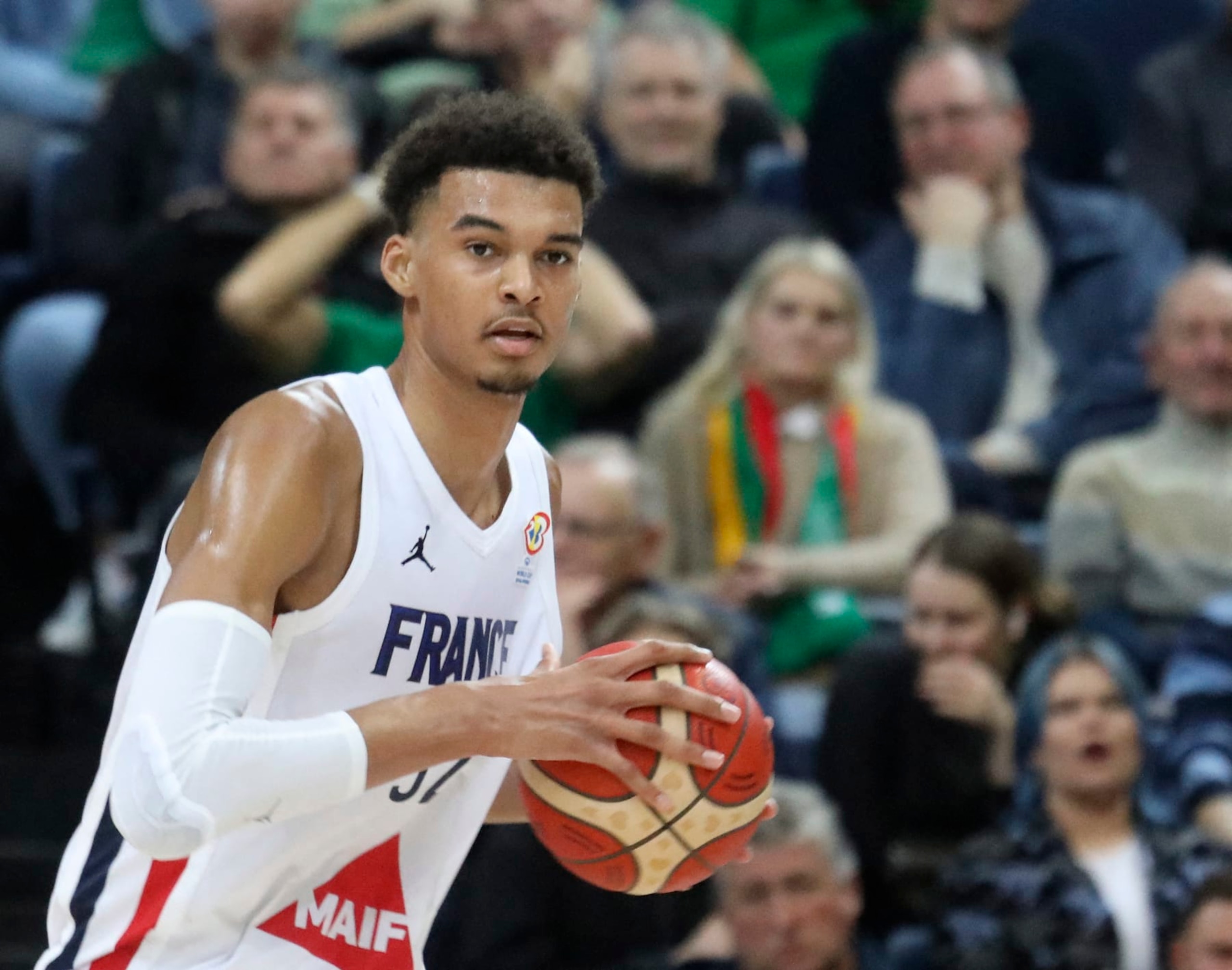 France's Victor Wembanyama reacts during the FIBA Basketball World Cup 2023 Qualifiers second round Group K match between Lithuania and France in Panevezys, Lithuania on November 11, 2022. (Photo by PETRAS MALUKAS / AFP) (Photo by PETRAS MALUKAS/AFP via Getty Images)