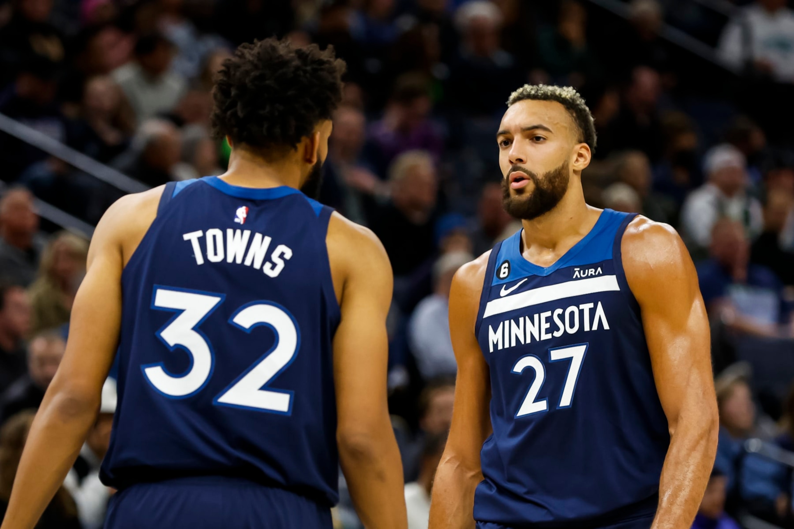 MINNEAPOLIS, MN - OCTOBER 26: Karl-Anthony Towns #32 talks to Rudy Gobert #27 of the Minnesota Timberwolves in the second quarter of the game against the San Antonio Spurs at Target Center on October 26, 2022 in Minneapolis, Minnesota. The Timberwolves defeated the Spurs 134-122. NOTE TO USER: User expressly acknowledges and agrees that, by downloading and or using this Photograph, user is consenting to the terms and conditions of the Getty Images License Agreement. (Photo by David Berding/Getty Images) MINNEAPOLIS, MN - OCTOBER 26: Karl-Anthony Towns #32 talks to Rudy Gobert #27 of the Minnesota Timberwolves in the second quarter of the game against the San Antonio Spurs at Target Center on October 26, 2022 in Minneapolis, Minnesota. The Timberwolves defeated the Spurs 134-122. NOTE TO USER: User expressly acknowledges and agrees that, by downloading and or using this Photograph, user is consenting to the terms and conditions of the Getty Images License Agreement. (Photo by David Berding/Getty Images)