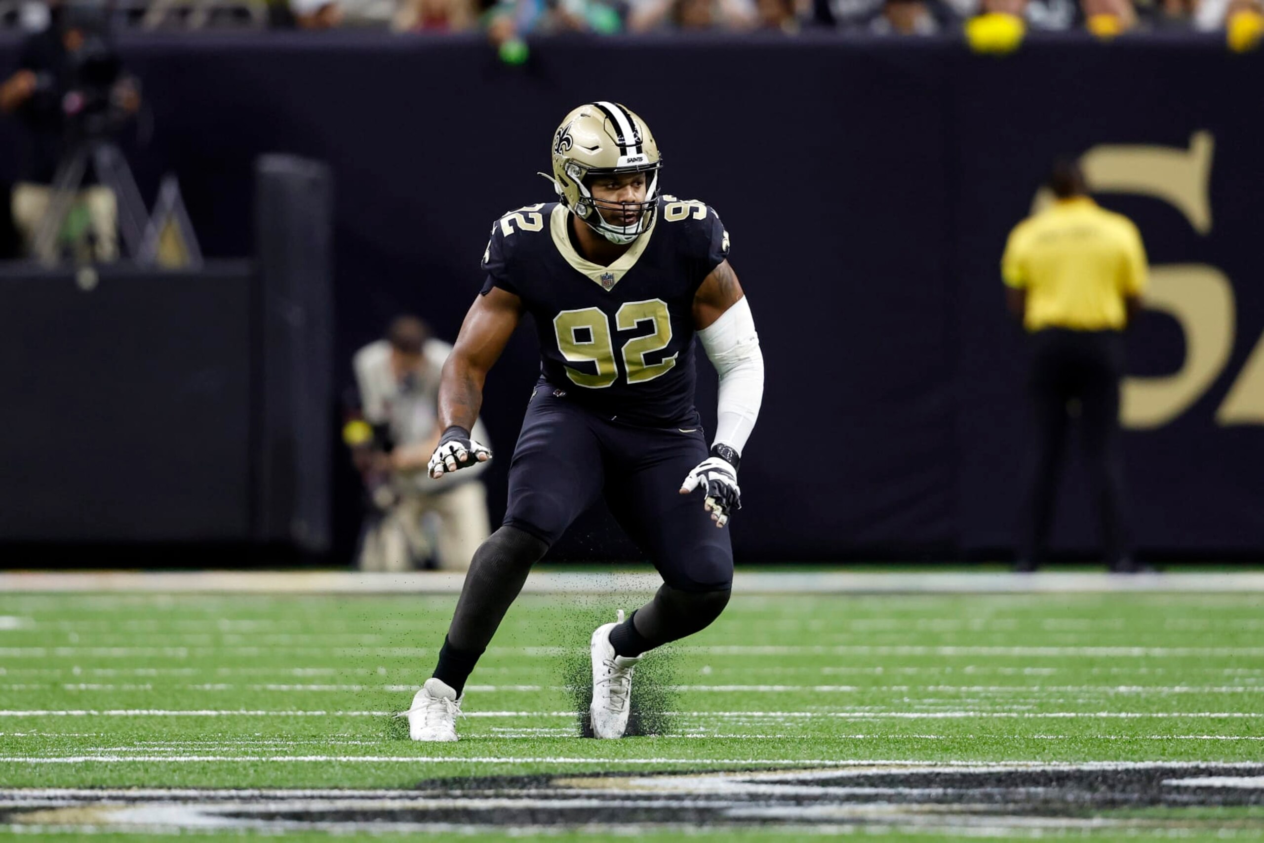 New Orleans Saints defensive end Marcus Davenport (92) in action during an NFL football game against the Seattle Seahawks, Sunday, Oct. 9, 2022, in New Orleans. (AP Photo/Tyler Kaufman)