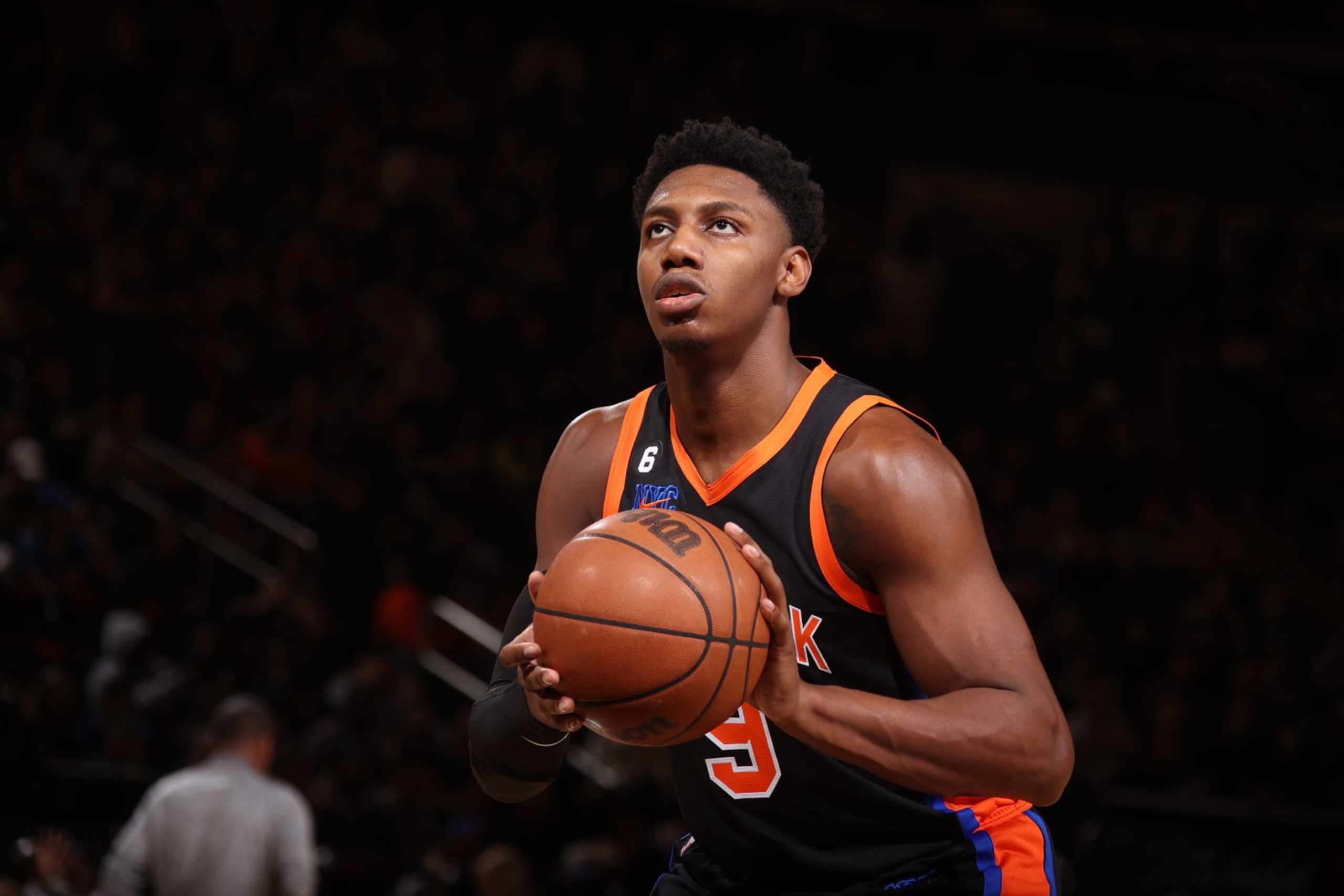 NEW YORK, NY - NOVEMBER 11: RJ Barrett #9 of the New York Knicks prepares to shoot a free throw during the game against the Detroit Pistons on November 11, 2022 at Madison Square Garden in New York City, New York. NOTE TO USER: User expressly acknowledges and agrees that, by downloading and or using this photograph, User is consenting to the terms and conditions of the Getty Images License Agreement. Mandatory Copyright Notice: Copyright 2022 NBAE (Photo by Nathaniel S. Butler/NBAE via Getty Images) NEW YORK, NY - NOVEMBER 11: RJ Barrett #9 of the New York Knicks prepares to shoot a free throw during the game against the Detroit Pistons on November 11, 2022 at Madison Square Garden in New York City, New York. NOTE TO USER: User expressly acknowledges and agrees that, by downloading and or using this photograph, User is consenting to the terms and conditions of the Getty Images License Agreement. Mandatory Copyright Notice: Copyright 2022 NBAE (Photo by Nathaniel S. Butler/NBAE via Getty Images)