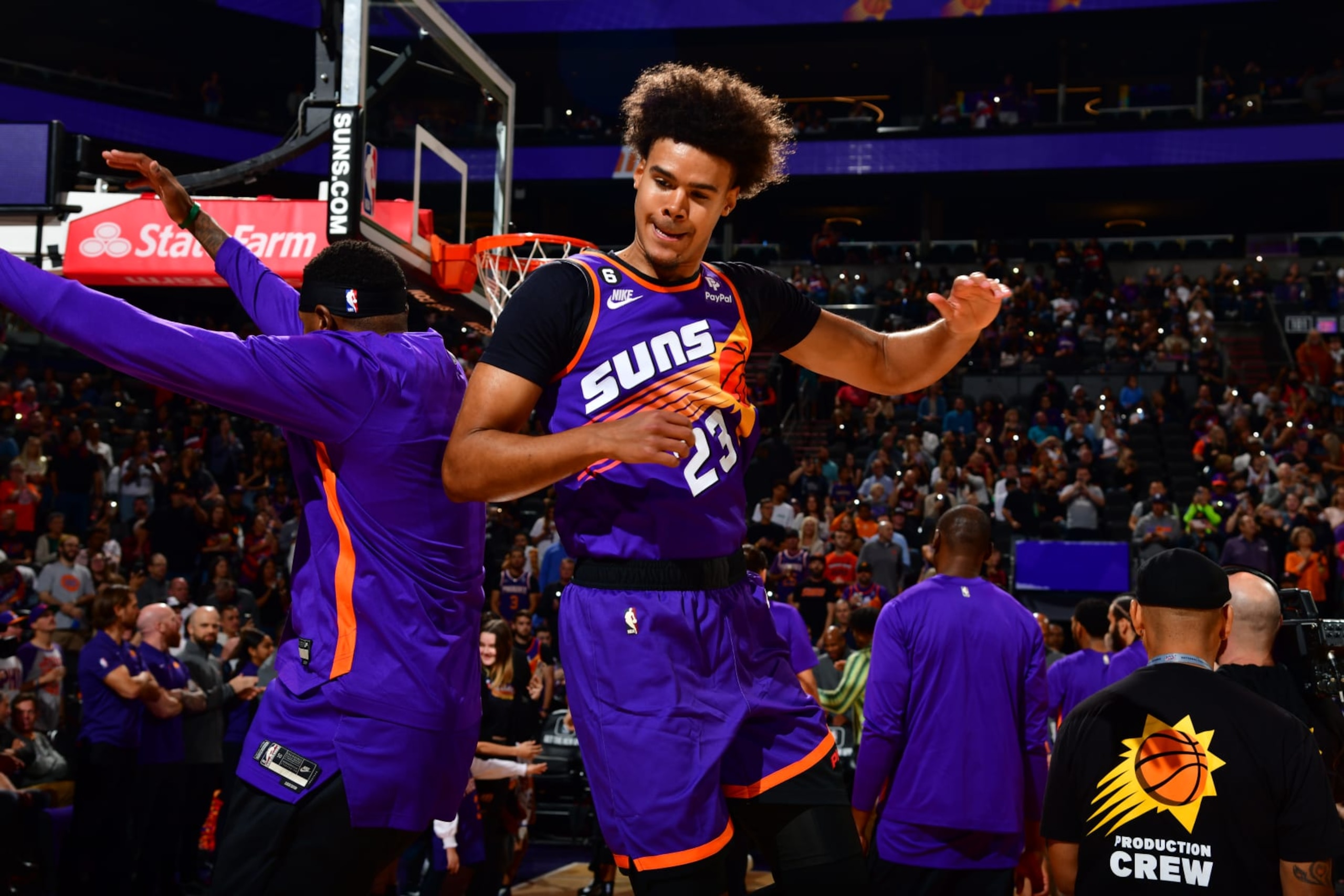 PHOENIX, AZ - OCTOBER 28: Cameron Johnson #23 of the Phoenix Suns is introduced before the game against the New Orleans Pelicans on October 28, 2022 at Footprint Center in Phoenix, Arizona. NOTE TO USER: User expressly acknowledges and agrees that, by downloading and or using this photograph, user is consenting to the terms and conditions of the Getty Images License Agreement. Mandatory Copyright Notice: Copyright 2022 NBAE (Photo by Kate Frese/NBAE via Getty Images)