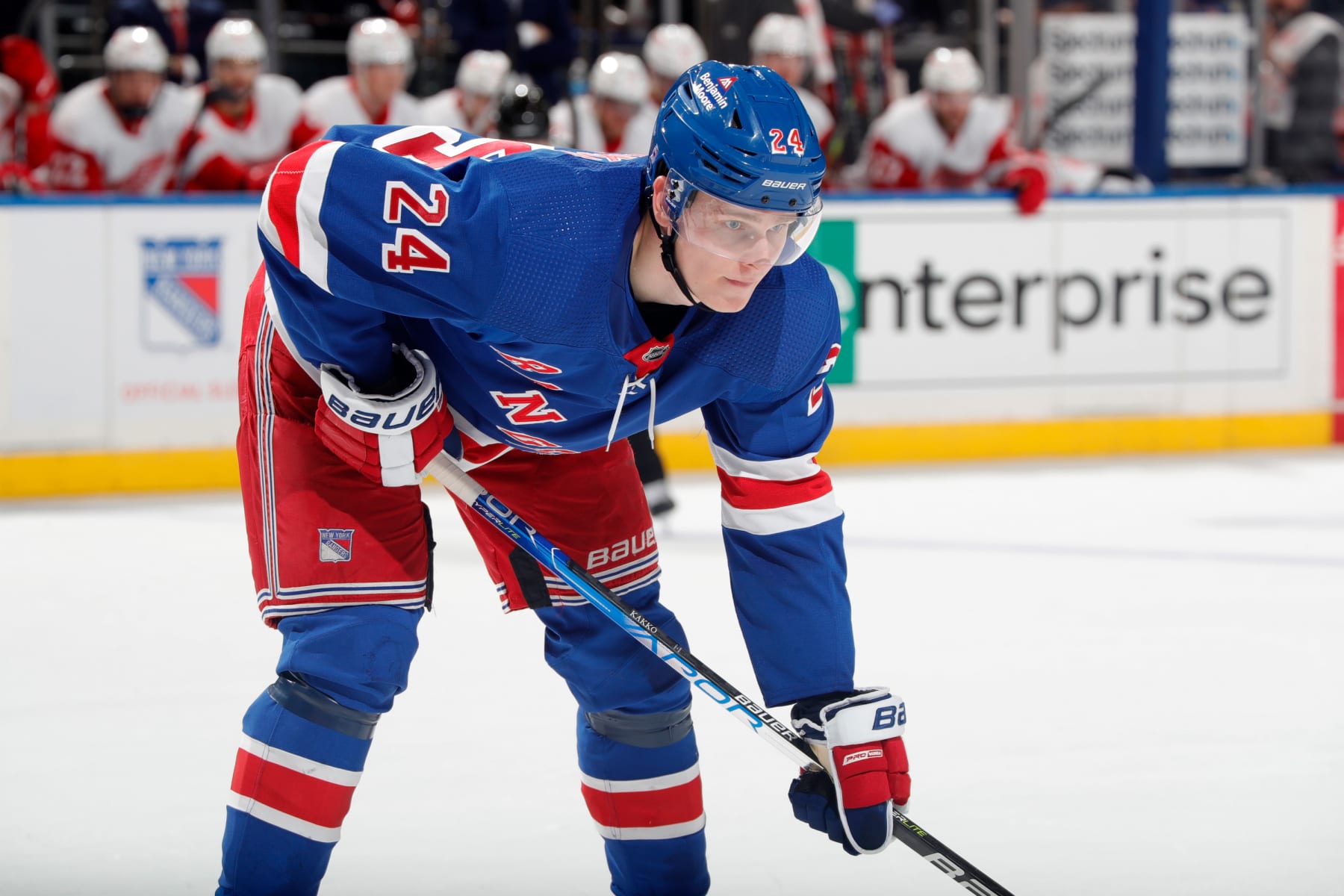 NEW YORK, NEW YORK - NOVEMBER 06:  Kaapo Kakko #24 of the New York Rangers skates against the Detroit Red Wings at Madison Square Garden on November 6, 2022 in New York City. (Photo by Jared Silber/NHLI via Getty Images)