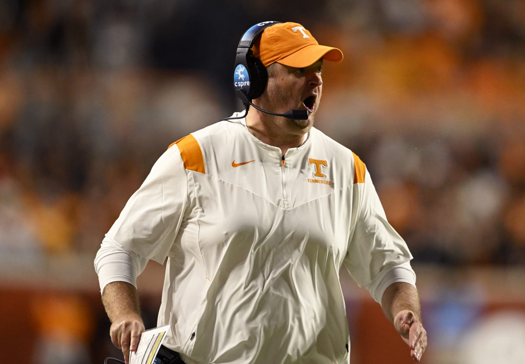 KNOXVILLE, TENNESSEE - OCTOBER 29: Head coach Josh Heupel of the Tennessee Volunteers runs down the sideline in the first quarter of the game against the Kentucky Wildcats at Neyland Stadium on October 29, 2022 in Knoxville, Tennessee. (Photo by Eakin Howard/Getty Images)