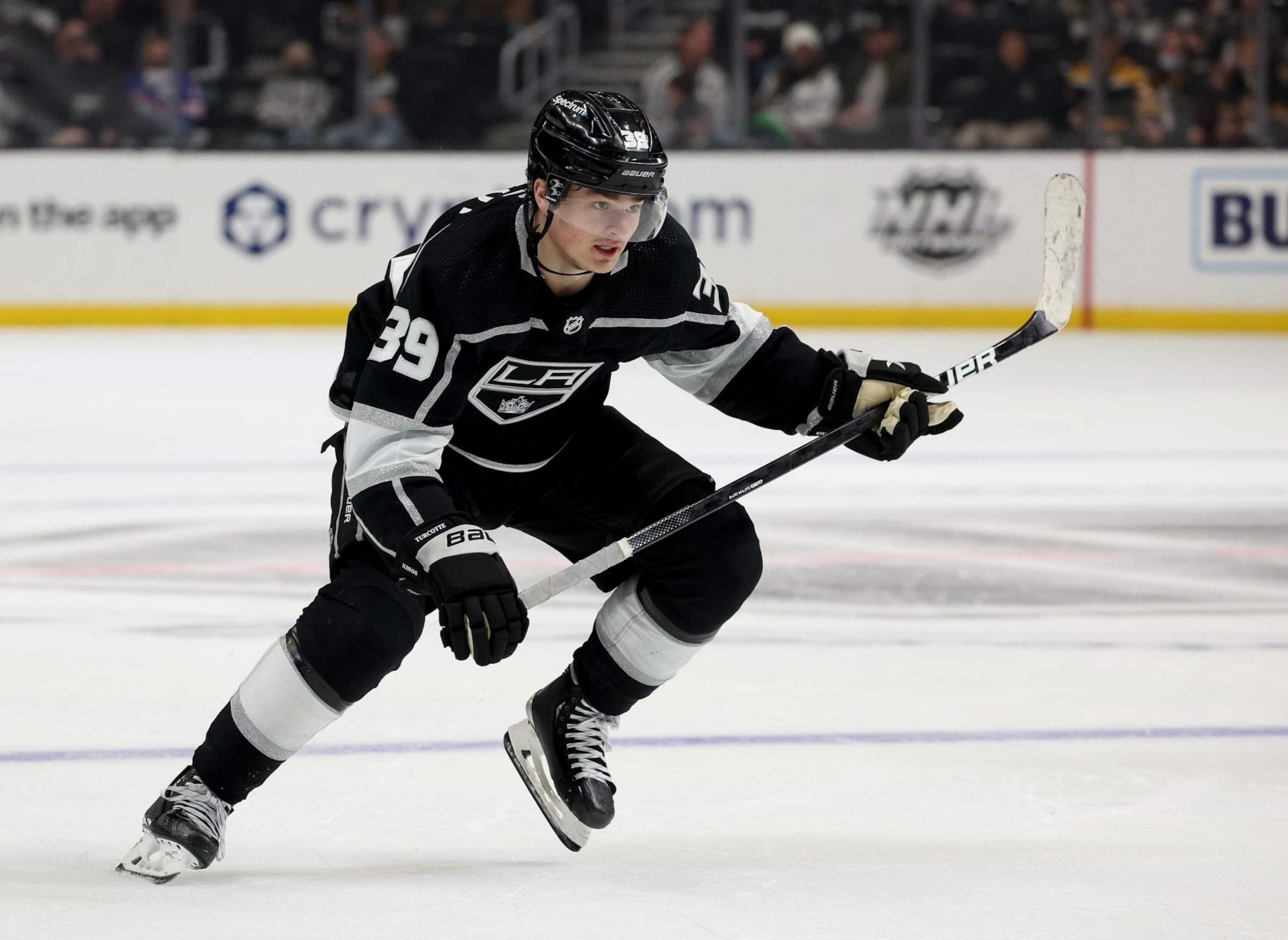 LOS ANGELES, CALIFORNIA - JANUARY 10: Alex Turcotte #39 of the Los Angeles Kings skates during a 3-1 win over the New York Rangers at Staples Center on January 10, 2022 in Los Angeles, California. (Photo by Harry How/Getty Images) LOS ANGELES, CALIFORNIA - JANUARY 10: Alex Turcotte #39 of the Los Angeles Kings skates during a 3-1 win over the New York Rangers at Staples Center on January 10, 2022 in Los Angeles, California. (Photo by Harry How/Getty Images)