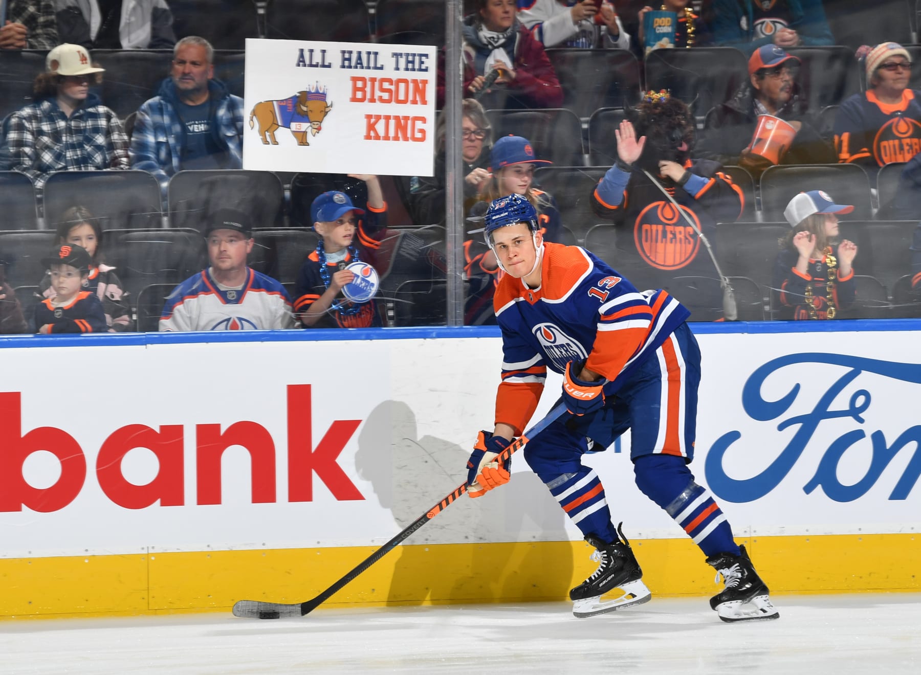 EDMONTON, CANADA - NOVEMBER 05: Jesse Puljujarvi #13 of the Edmonton Oilers skates during warm ups before the game against the Dallas Stars on November 05, 2022 at Rogers Place in Edmonton, Alberta, Canada. (Photo by Andy Devlin/NHLI via Getty Images)