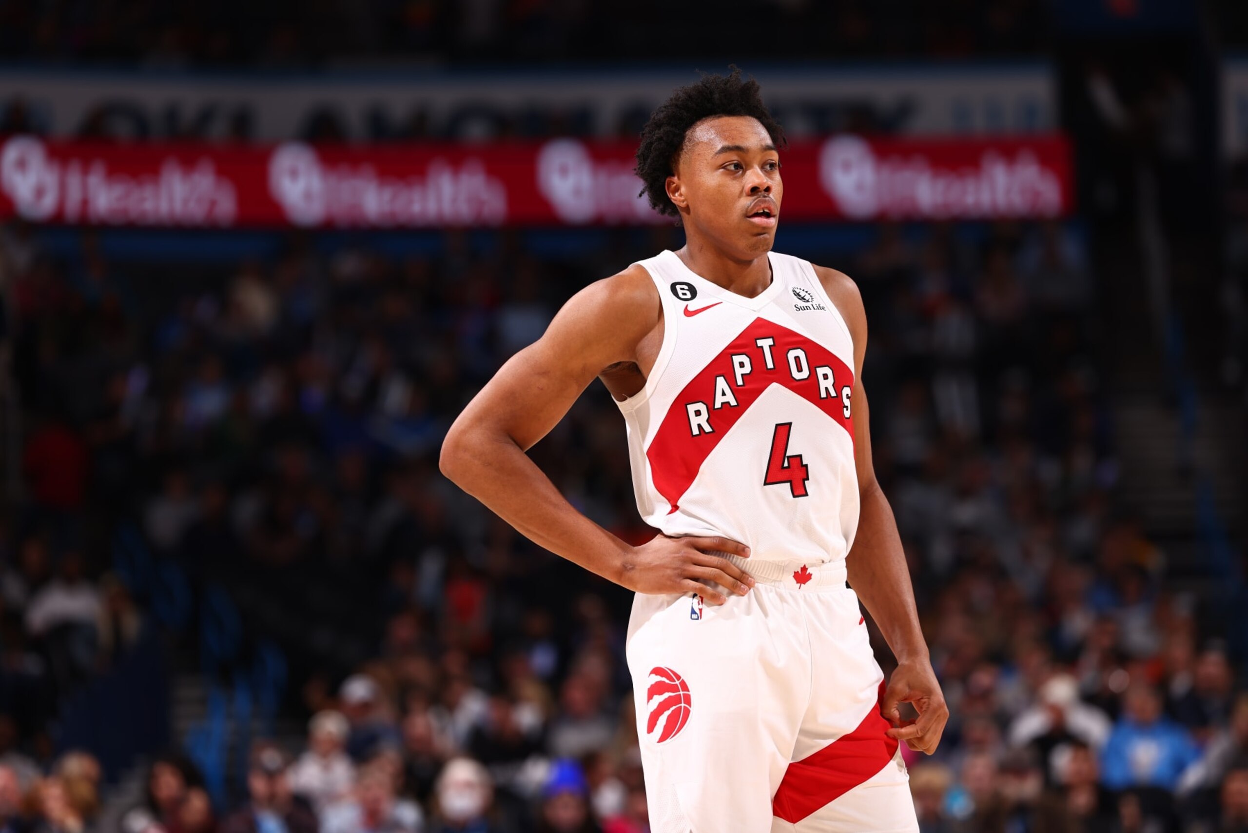 OKLAHOMA CITY, OK - NOVEMBER 11: Scottie Barnes #4 of the Toronto Raptors stands on the court during the game against the Oklahoma City Thunder on November 11, 2022 at Paycom Arena in Oklahoma City, Oklahoma. NOTE TO USER: User expressly acknowledges and agrees that, by downloading and or using this photograph, User is consenting to the terms and conditions of the Getty Images License Agreement. Mandatory Copyright Notice: Copyright 2022 NBAE (Photo by Zach Beeker/NBAE via Getty Images) OKLAHOMA CITY, OK - NOVEMBER 11: Scottie Barnes #4 of the Toronto Raptors stands on the court during the game against the Oklahoma City Thunder on November 11, 2022 at Paycom Arena in Oklahoma City, Oklahoma. NOTE TO USER: User expressly acknowledges and agrees that, by downloading and or using this photograph, User is consenting to the terms and conditions of the Getty Images License Agreement. Mandatory Copyright Notice: Copyright 2022 NBAE (Photo by Zach Beeker/NBAE via Getty Images)