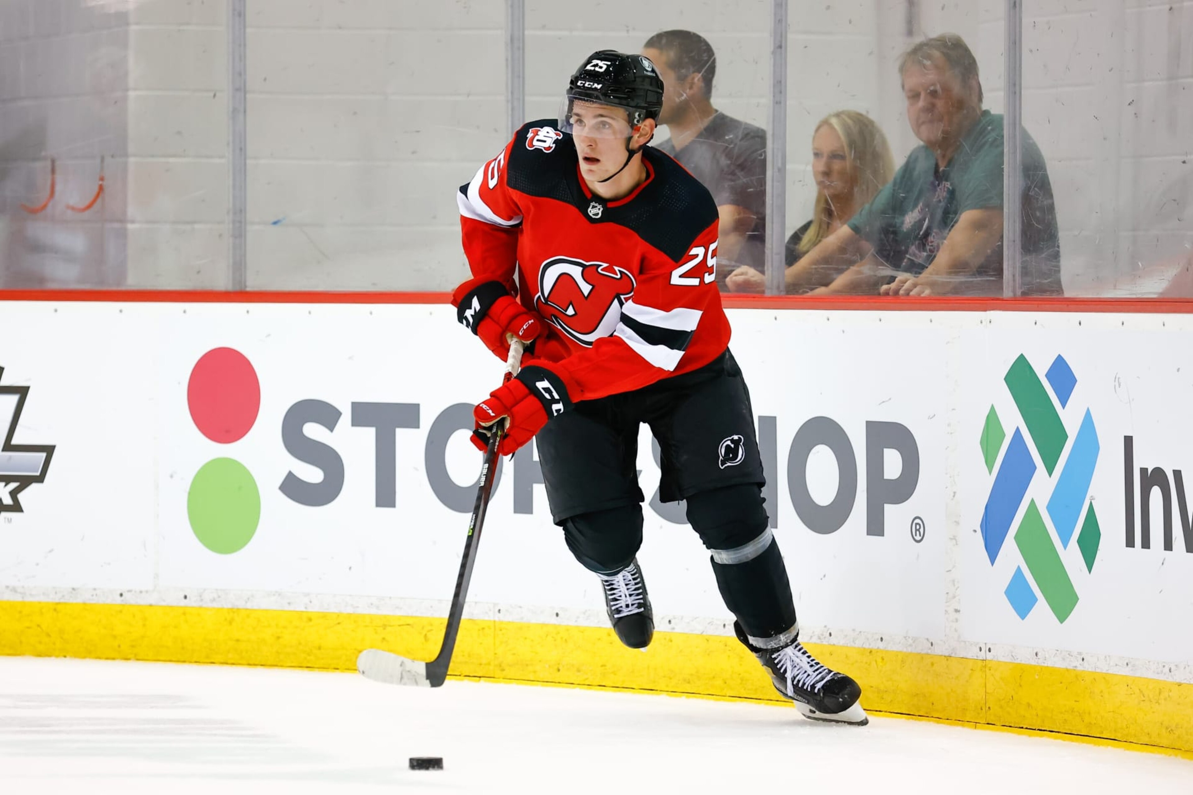 NEWARK, NJ - JULY 13: New Jersey Devils forward Nolan Foote (25) skates during New Jersey Devils development camp on July 13, 2022 at the Barnabas Health Hockey House in the Prudential Center in Newark, New Jersey. (Photo by Rich Graessle/Icon Sportswire via Getty Images) NEWARK, NJ - JULY 13: New Jersey Devils forward Nolan Foote (25) skates during New Jersey Devils development camp on July 13, 2022 at the Barnabas Health Hockey House in the Prudential Center in Newark, New Jersey. (Photo by Rich Graessle/Icon Sportswire via Getty Images)