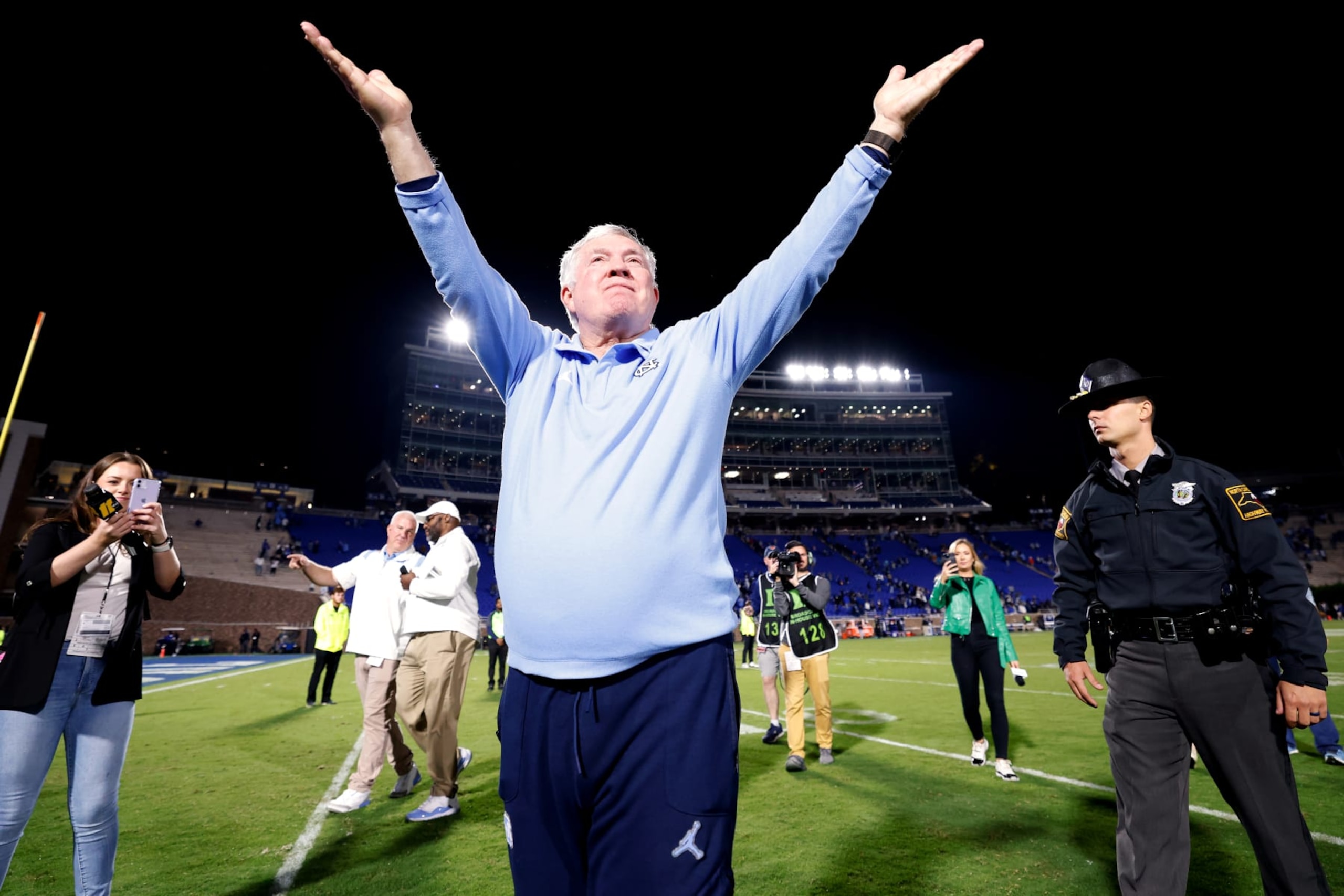 DURHAM, NC - OCTOBER 15: Head coach Mack Brown of the North Carolina Tar Heels celebrates their 38-35 victory against the Duke Blue Devils at Wallace Wade Stadium on October 15, 2022 in Durham, North Carolina. (Photo by Lance King/Getty Images) DURHAM, NC - OCTOBER 15: Head coach Mack Brown of the North Carolina Tar Heels celebrates their 38-35 victory against the Duke Blue Devils at Wallace Wade Stadium on October 15, 2022 in Durham, North Carolina. (Photo by Lance King/Getty Images)