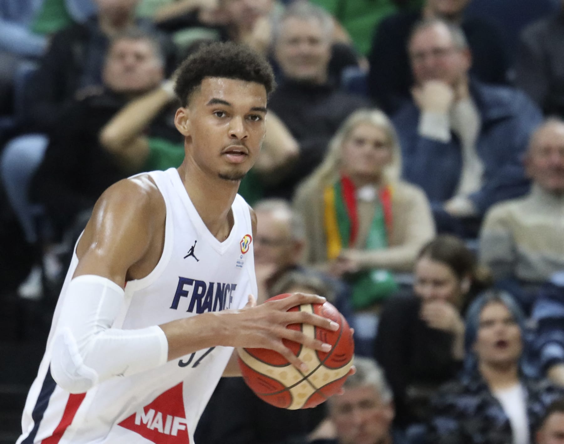 France's Victor Wembanyama reacts during the FIBA Basketball World Cup 2023 Qualifiers second round Group K match between Lithuania and France in Panevezys, Lithuania on November 11, 2022. (Photo by PETRAS MALUKAS / AFP) (Photo by PETRAS MALUKAS/AFP via Getty Images)